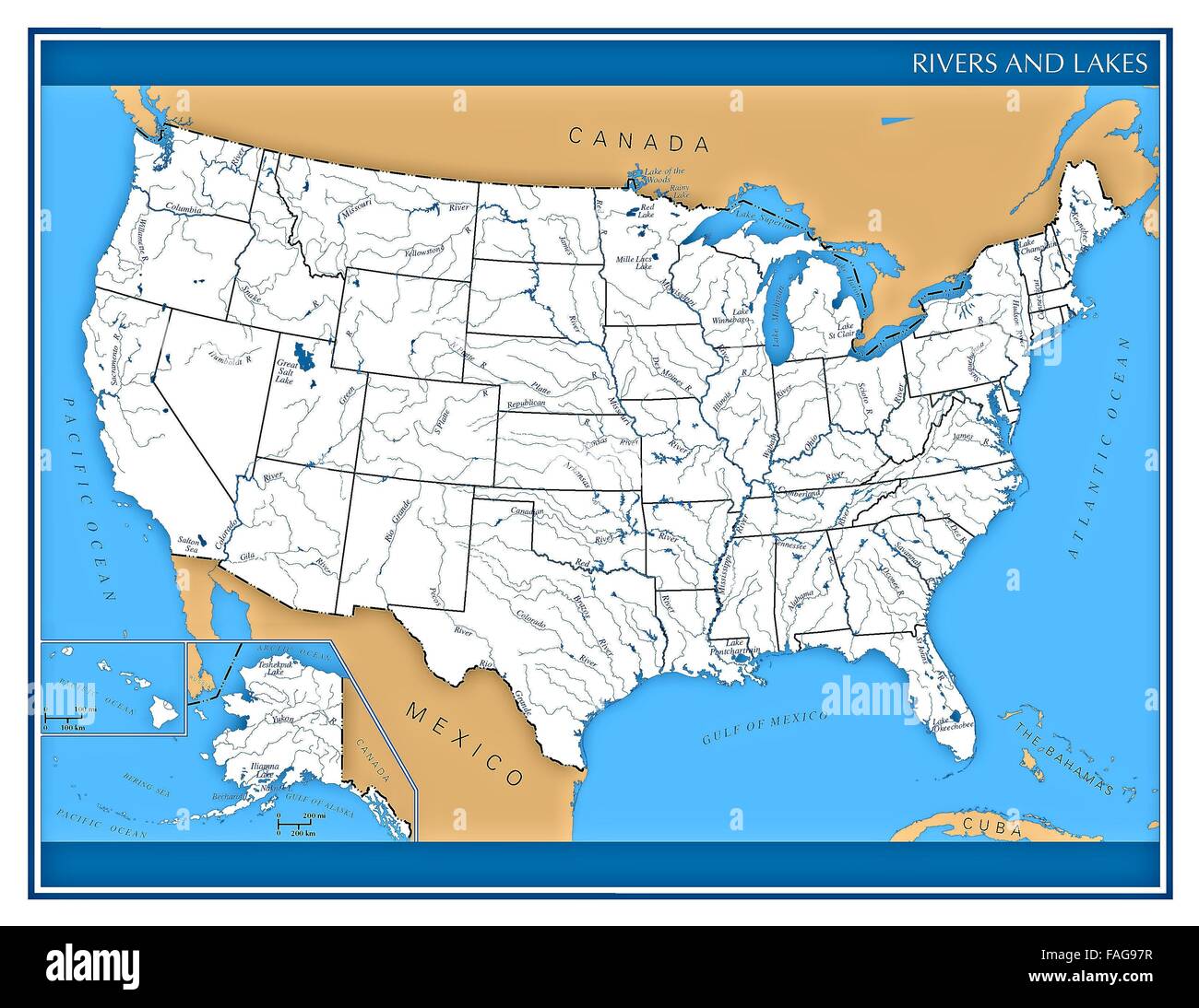 United States map of rivers and lakes showing state shapes and Stock ...