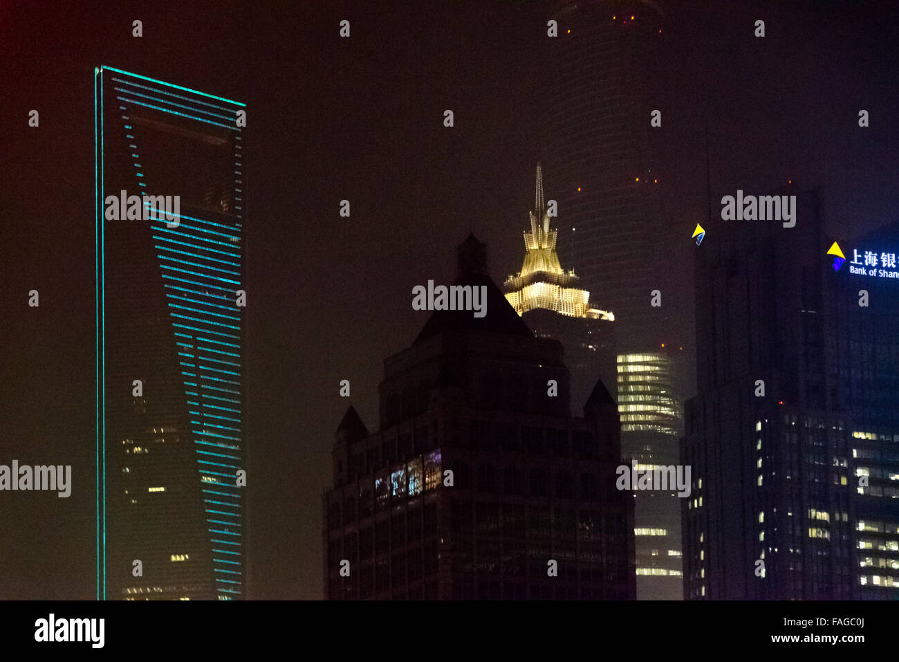 Night view of Shanghai World Financial Center, Jinmao Tower and other high rises in Pudong dominated by Shanghai World Finance C Stock Photo