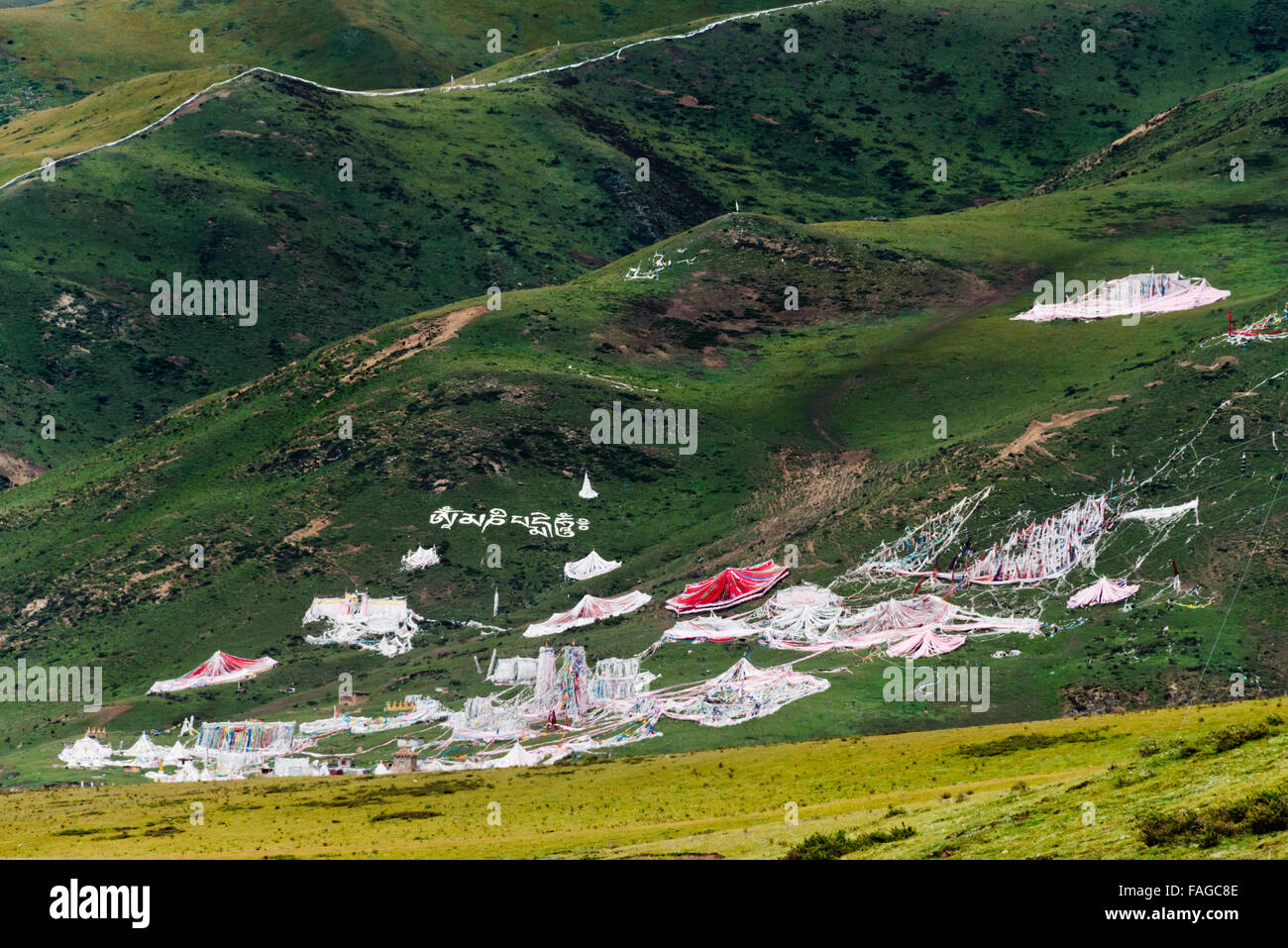 Praying words and praying flags on the mountain side, Seda Larong Wuming Buddhist Institute, Garze, Sichuan Province, China Stock Photo