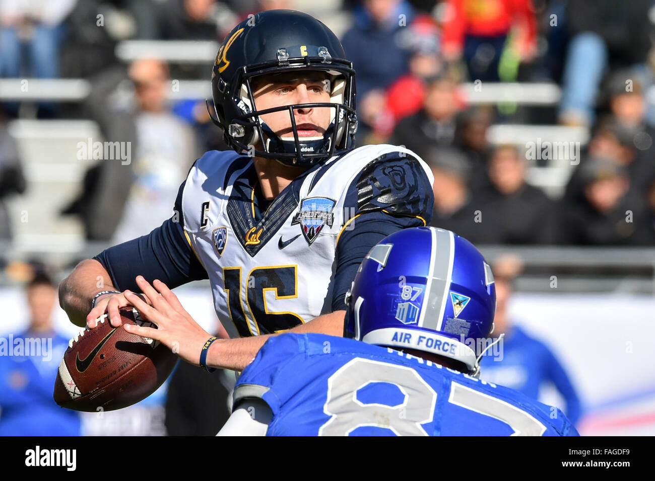 December 29, 2015: California Golden Bears quarterback Jared Goff (16) passed for 467 yards on 25 of 37 passing and threw six touchdowns tied for the second most in FBS bowl history during the Lockheed Martin Armed Forces Bowl between California Golden Bears and the Air Force Falcons at Amon G. Carter Stadium, Ft. Worth, Texas. Shane Roper/CSM Stock Photo