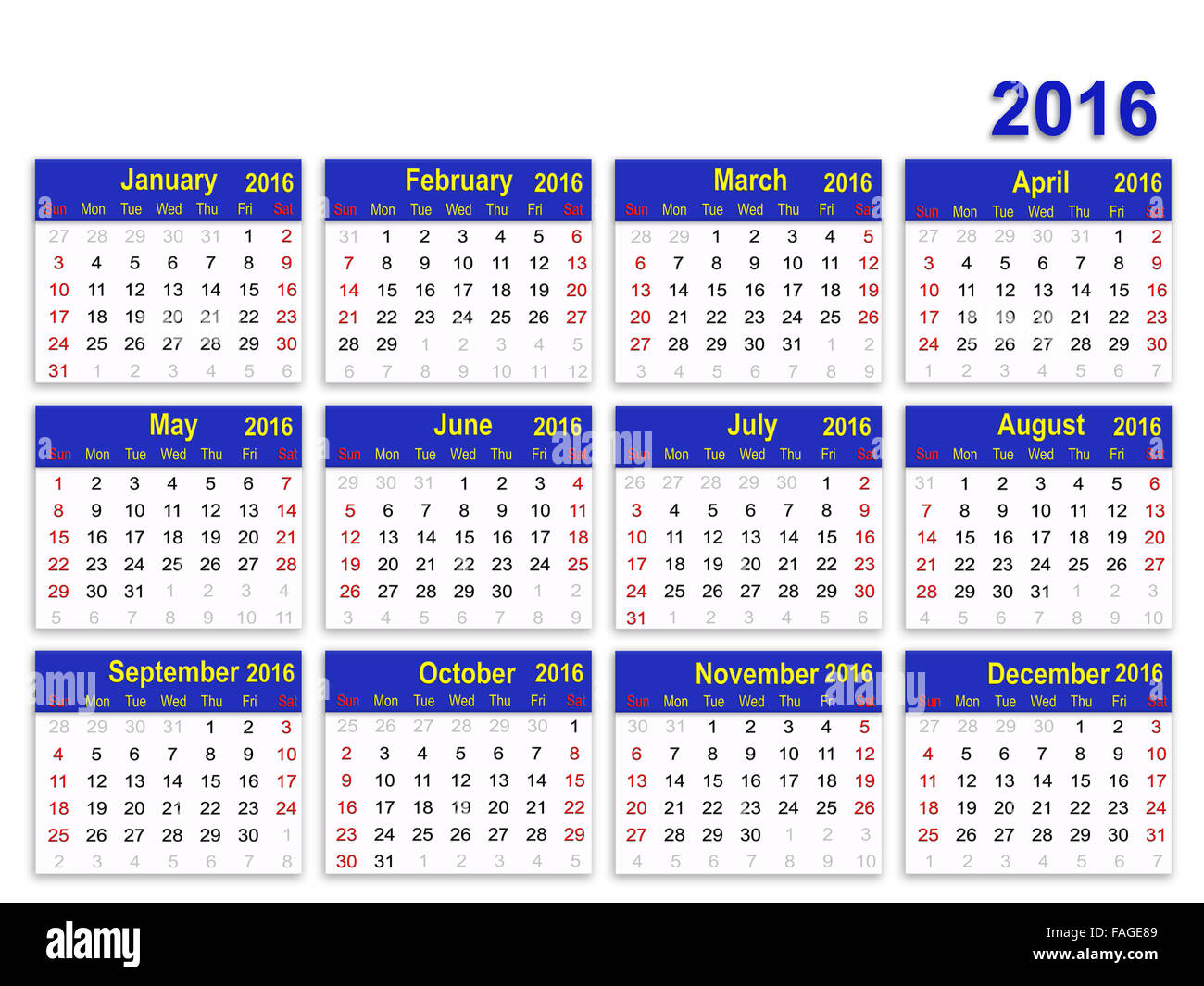 Calendar For 16 Week Starts Sunday Stock Photo Alamy