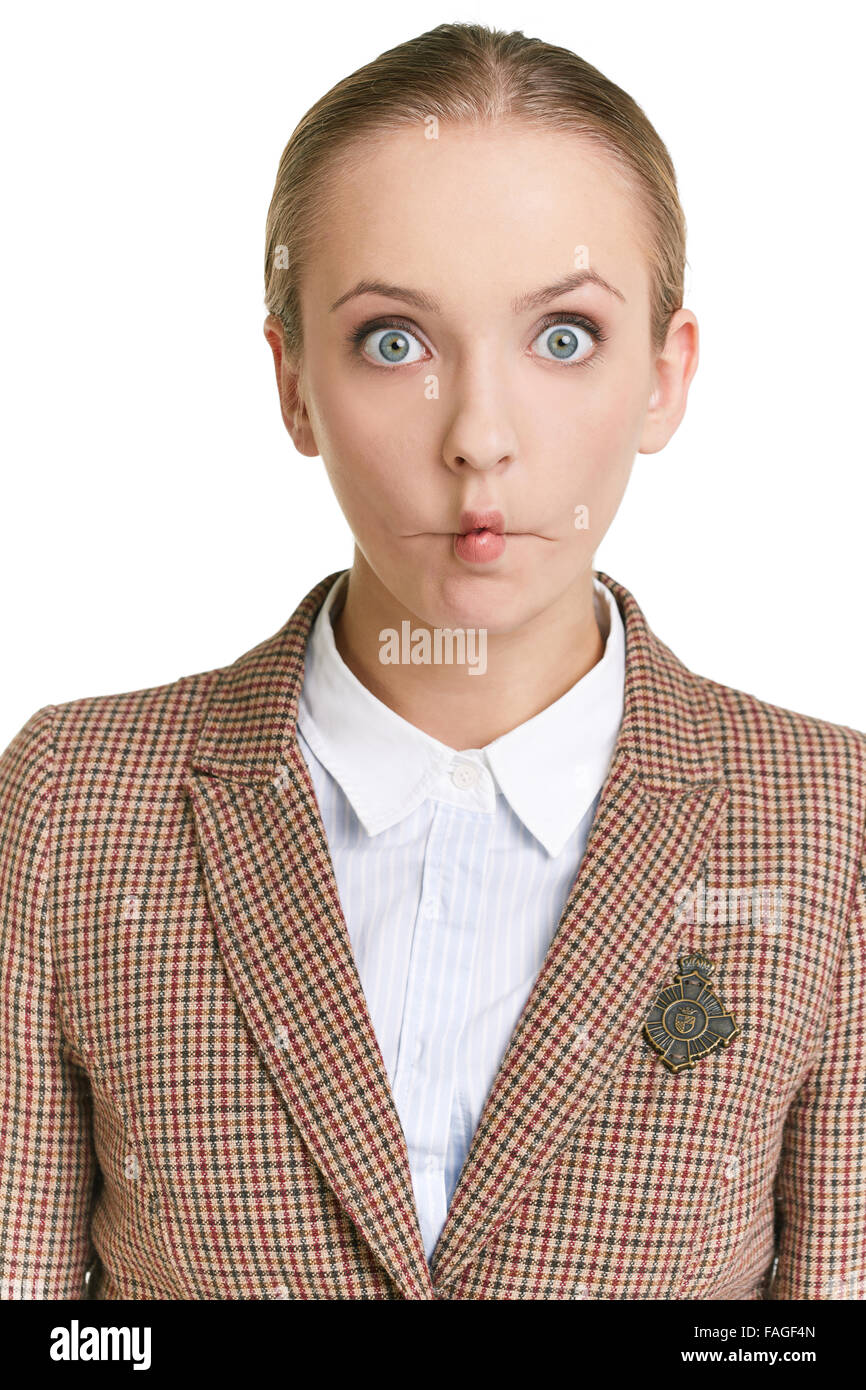 Young woman looking at camera with silly expression Stock Photo