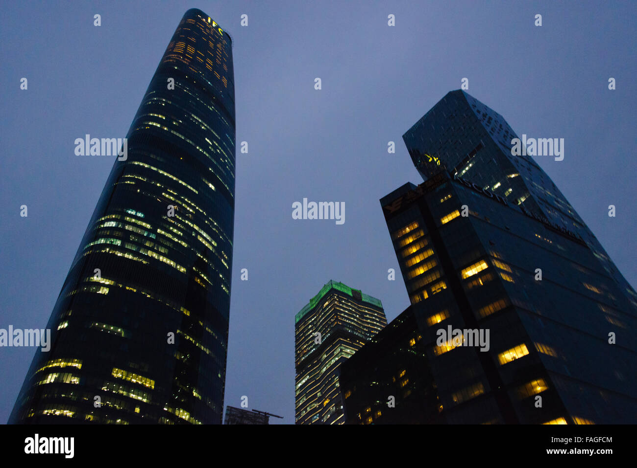 Guangzhou International Finance Center (previously called Guangzhou West Tower) (left) and other high rises, Guangzhou, China Stock Photo