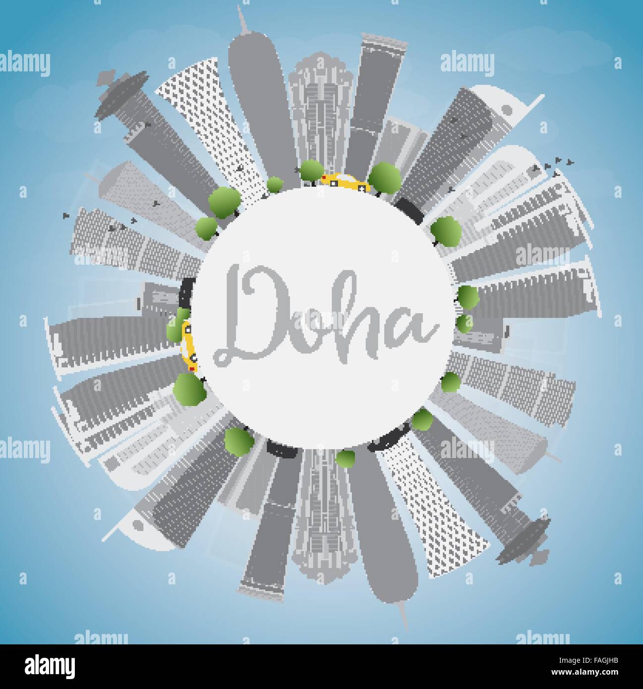 Doha skyline with grey skyscrapers and blue sky. Vector illustration. Business and tourism concept with copy space. Stock Vector