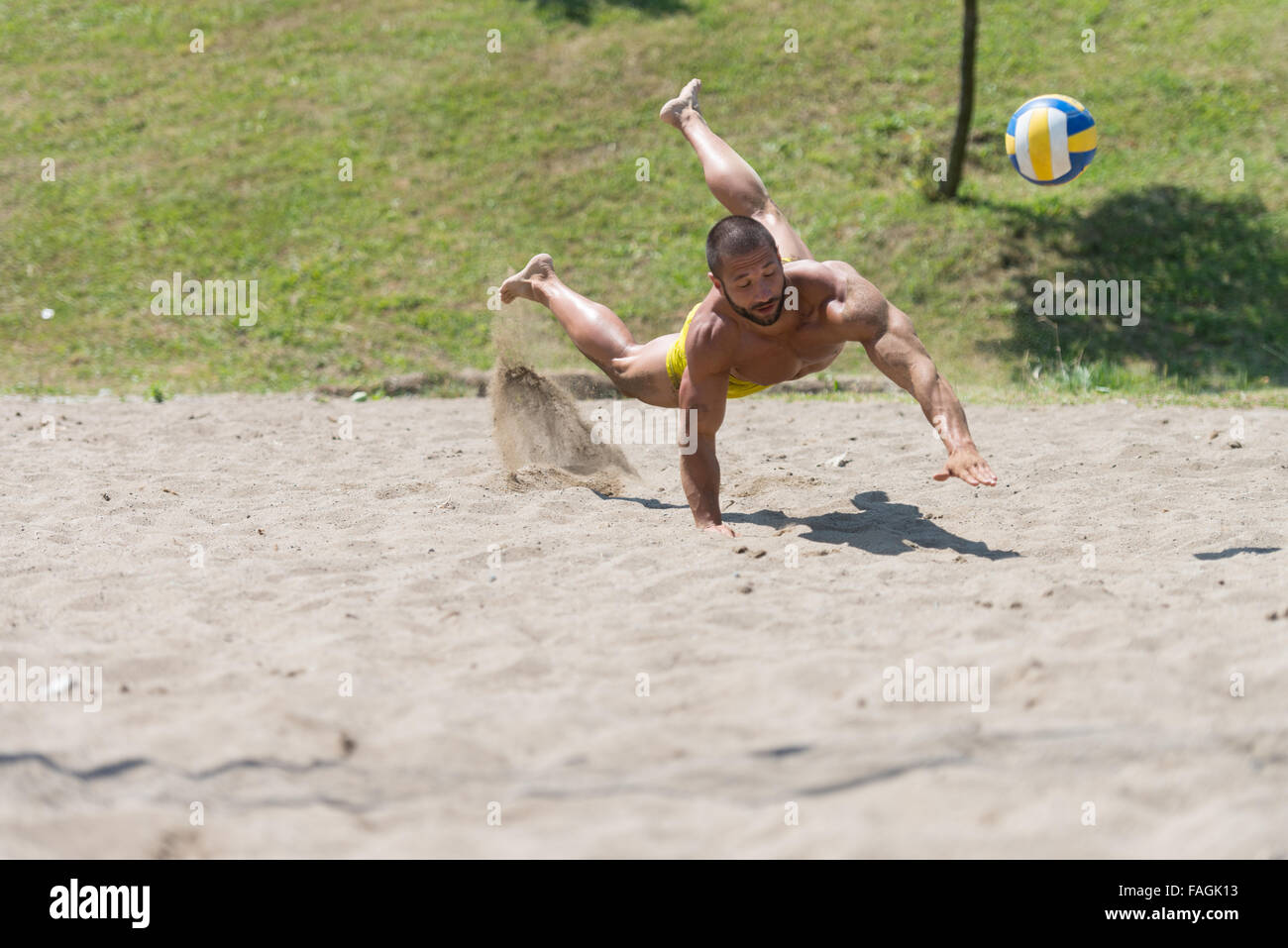 Muscular Young Man Playing Beach Volleyball Diving After The Ball Stock