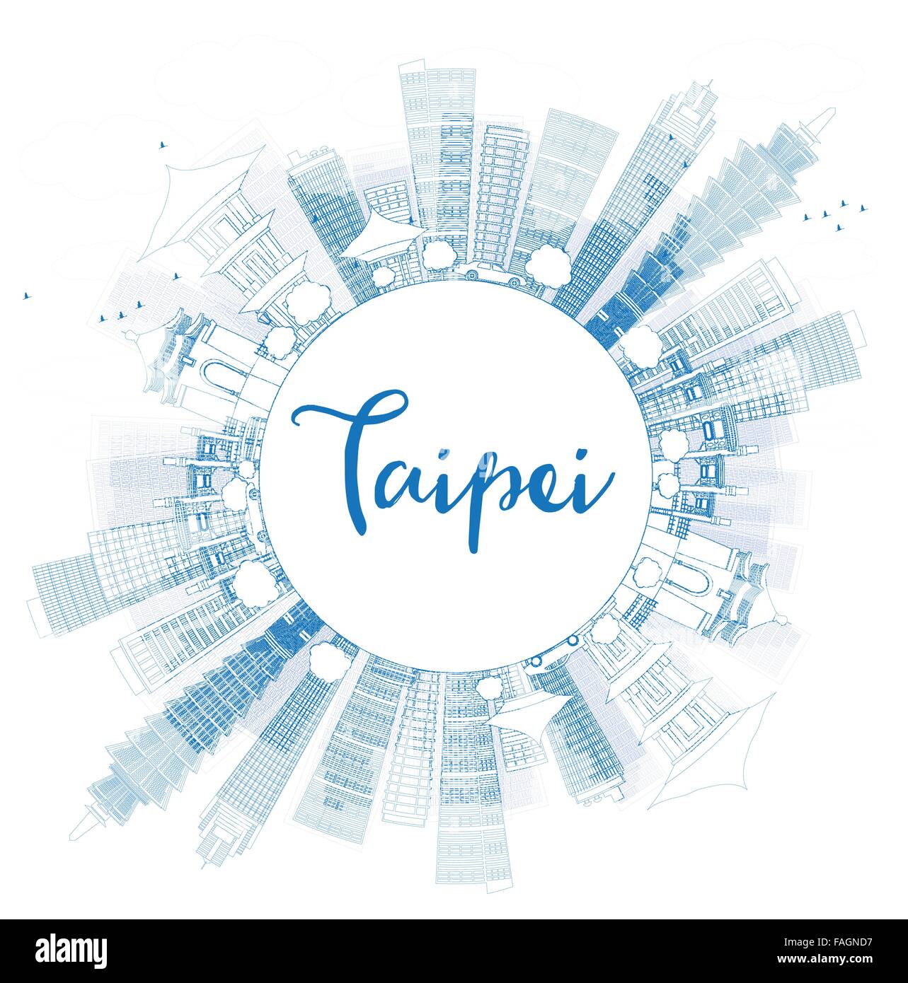 Outline Taipei skyline with blue landmarks and copy space. Vector illustration. Business travel and tourism concept Stock Vector