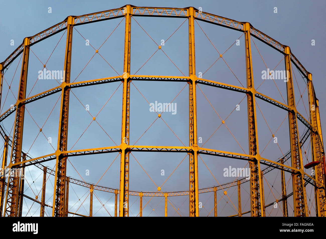 The Garston Gas holders at sunset. Once important industrial infrastructure, they are fast disappearing. South Liverpool, UK Stock Photo