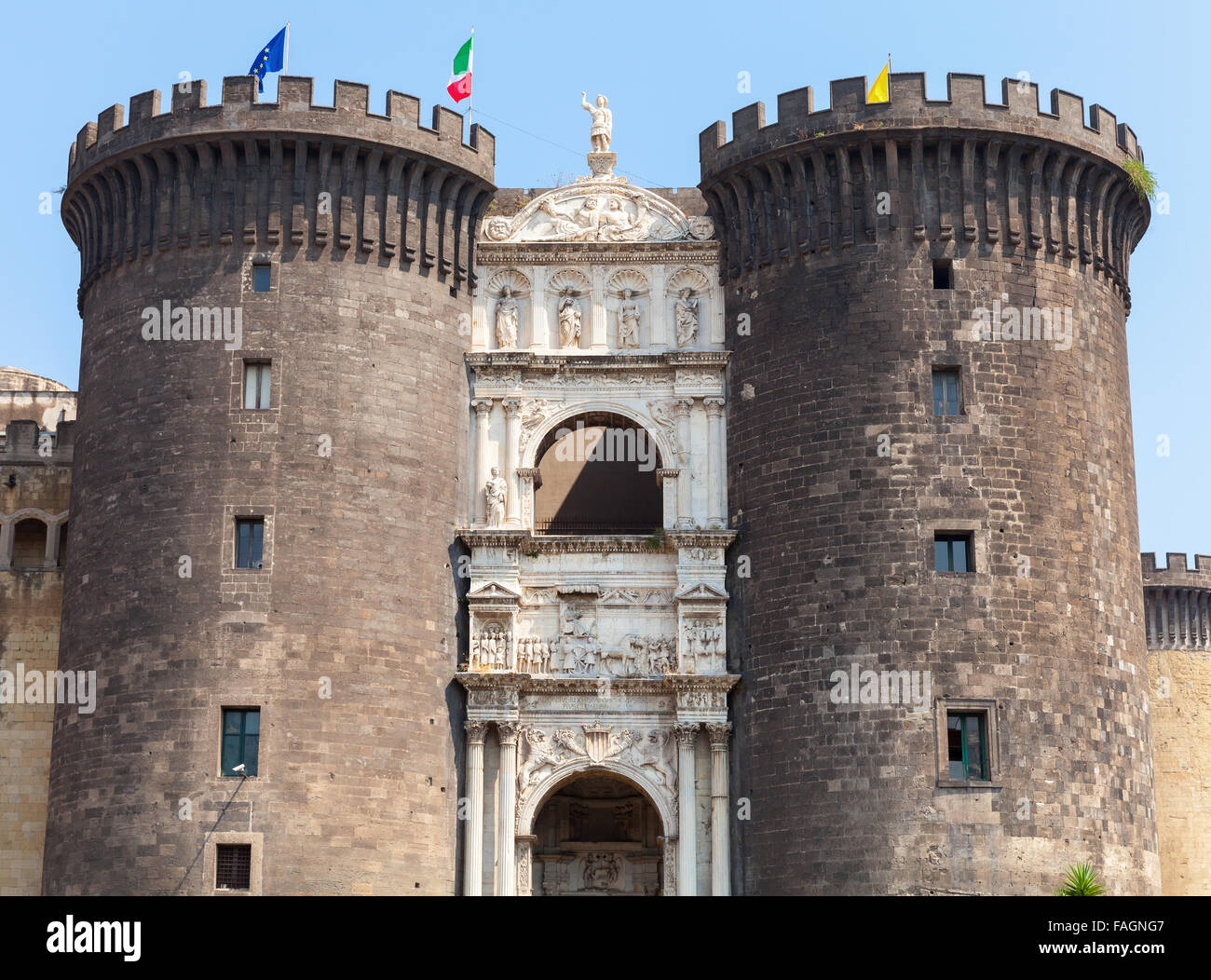 Castel Nouvo. Medieval castle in Naples, Italy. It was first erected in 1279, one of the main architectural landmarks of the cit Stock Photo