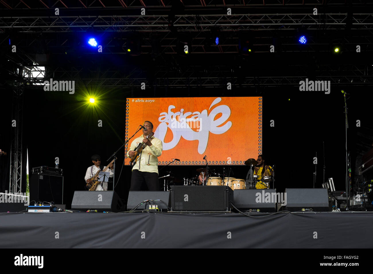An African band perform at annual Africa Oye festival held in Liverpool's, it is one of the UK's largest free music festivals Stock Photo