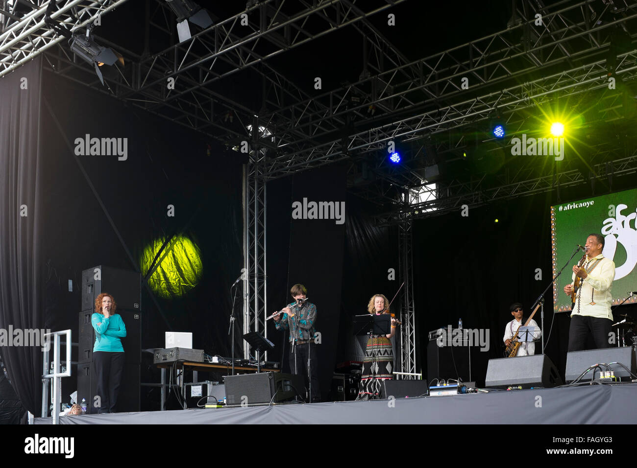 An African band perform at annual Africa Oye festival held in Liverpool's, it is one of the UK's largest free music festivals Stock Photo