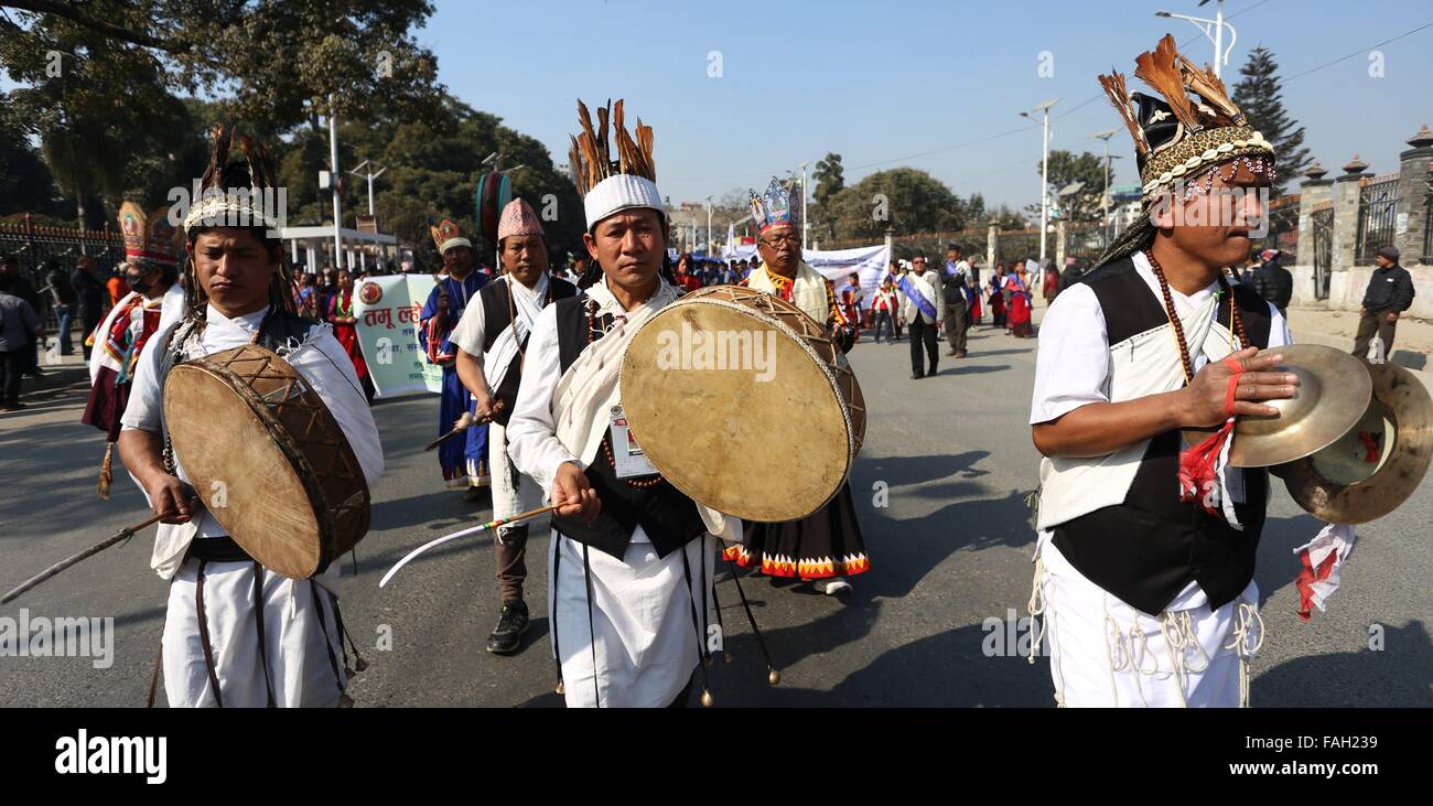 Kathmandu, Nepal. 30th Dec, 2015. People from ethnic Gurung community celebrate the Tamu Losar (New Year) festival in Kathmandu, Nepal, Dec. 30, 2015. Credit:  Sunil Sharma/Xinhua/Alamy Live News Stock Photo