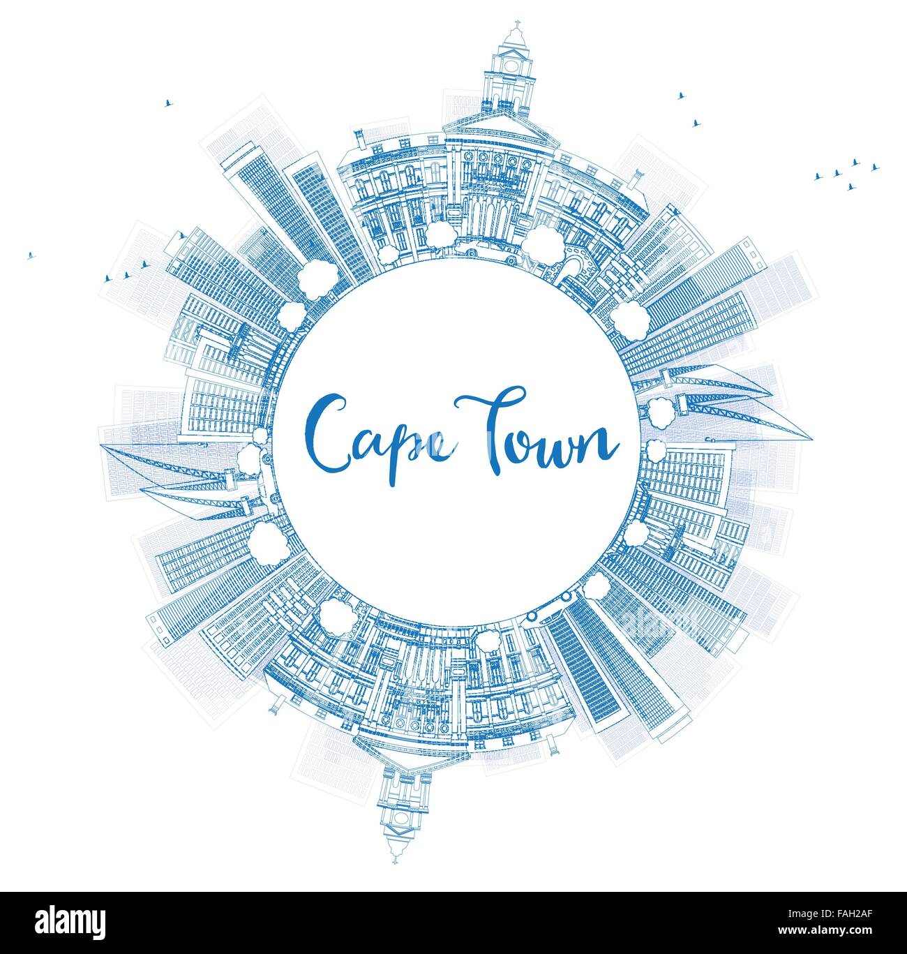 Outline Cape Town skyline with blue buildings and copy space. Vector illustration. Business travel and tourism concept Stock Vector
