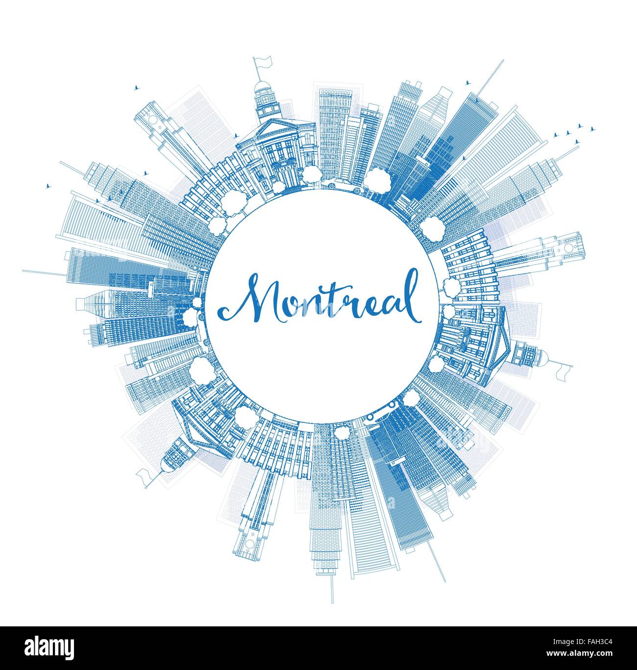 Outline Montreal skyline with blue buildings and copy space. Vector illustration. Business travel and tourism concept Stock Vector