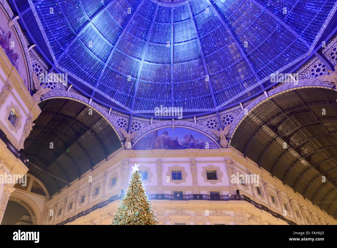 Xmas tree and lightening of Galleria dome, Milan Stock Photo