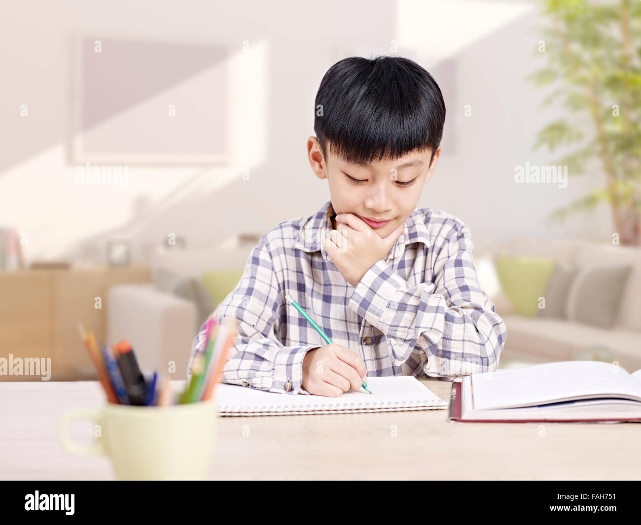 asian elementary schoolboy doing homework Stock Photo