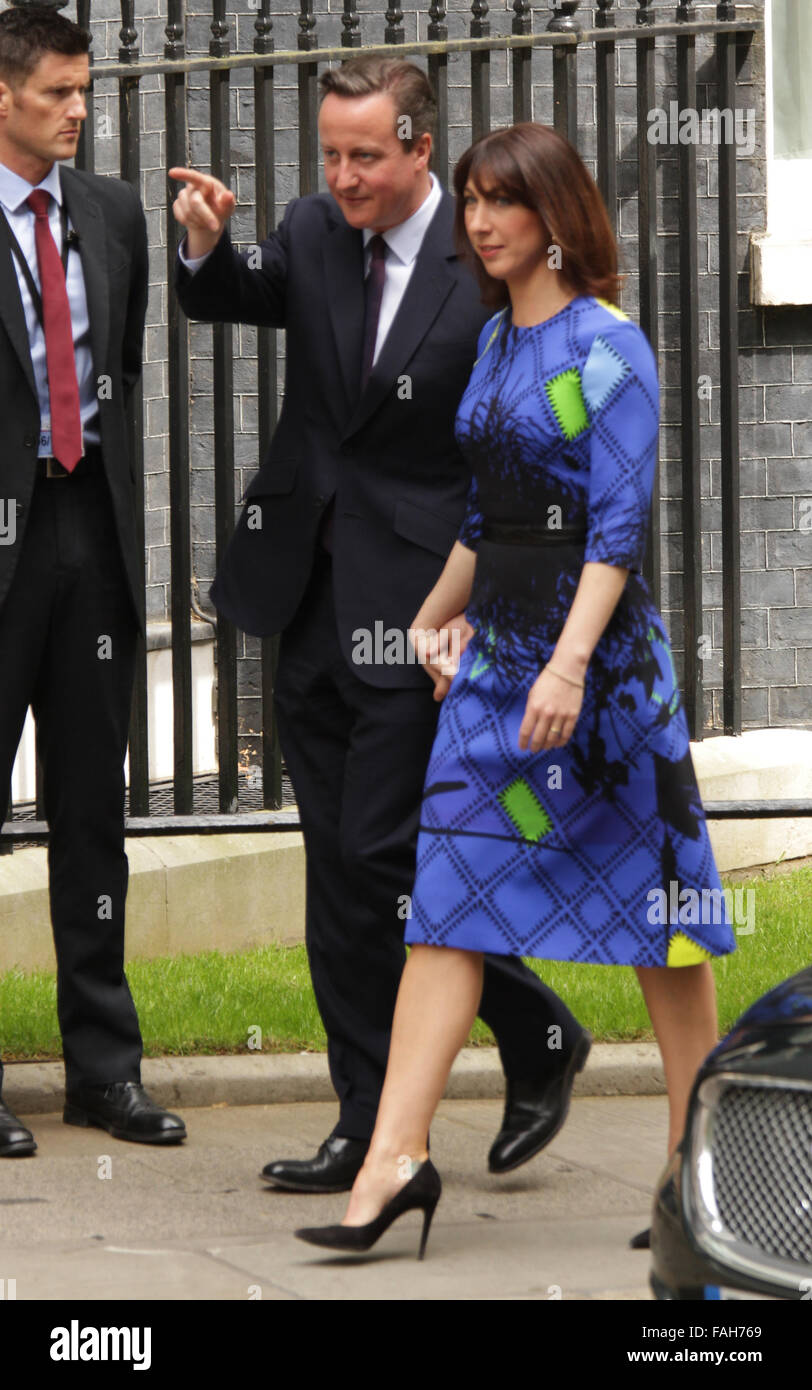London, UK, 8th May: Prime Minster David Cameron and Samantha Cameron seen at Downing Street in London, UK Stock Photo