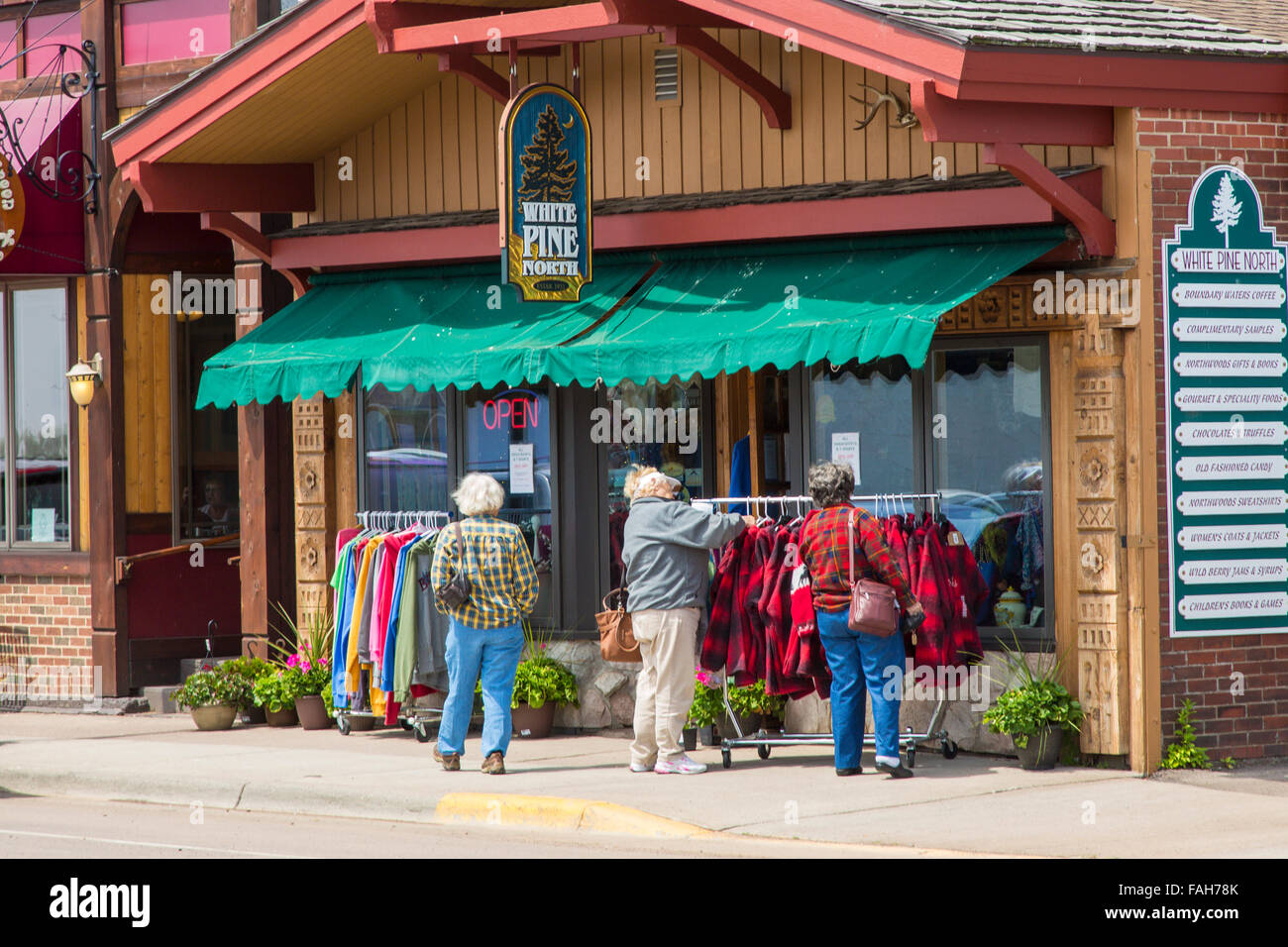Shopping in quaint picturesque Grand Marais on the north shore of Lake Superior in Minnesota Stock Photo