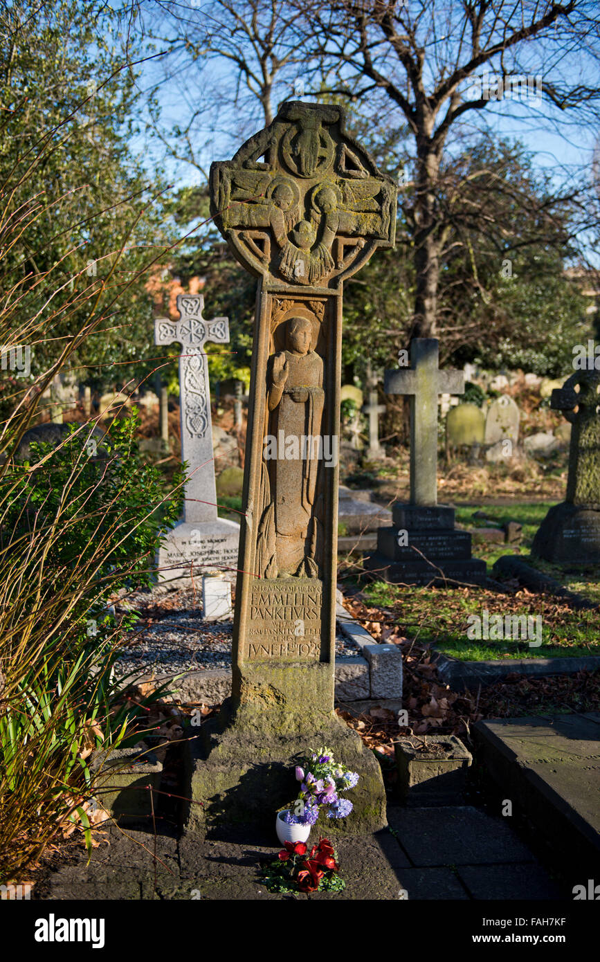 The grave of Emily Pankhurst lies within Brompton Road Cemetery, West London. Stock Photo