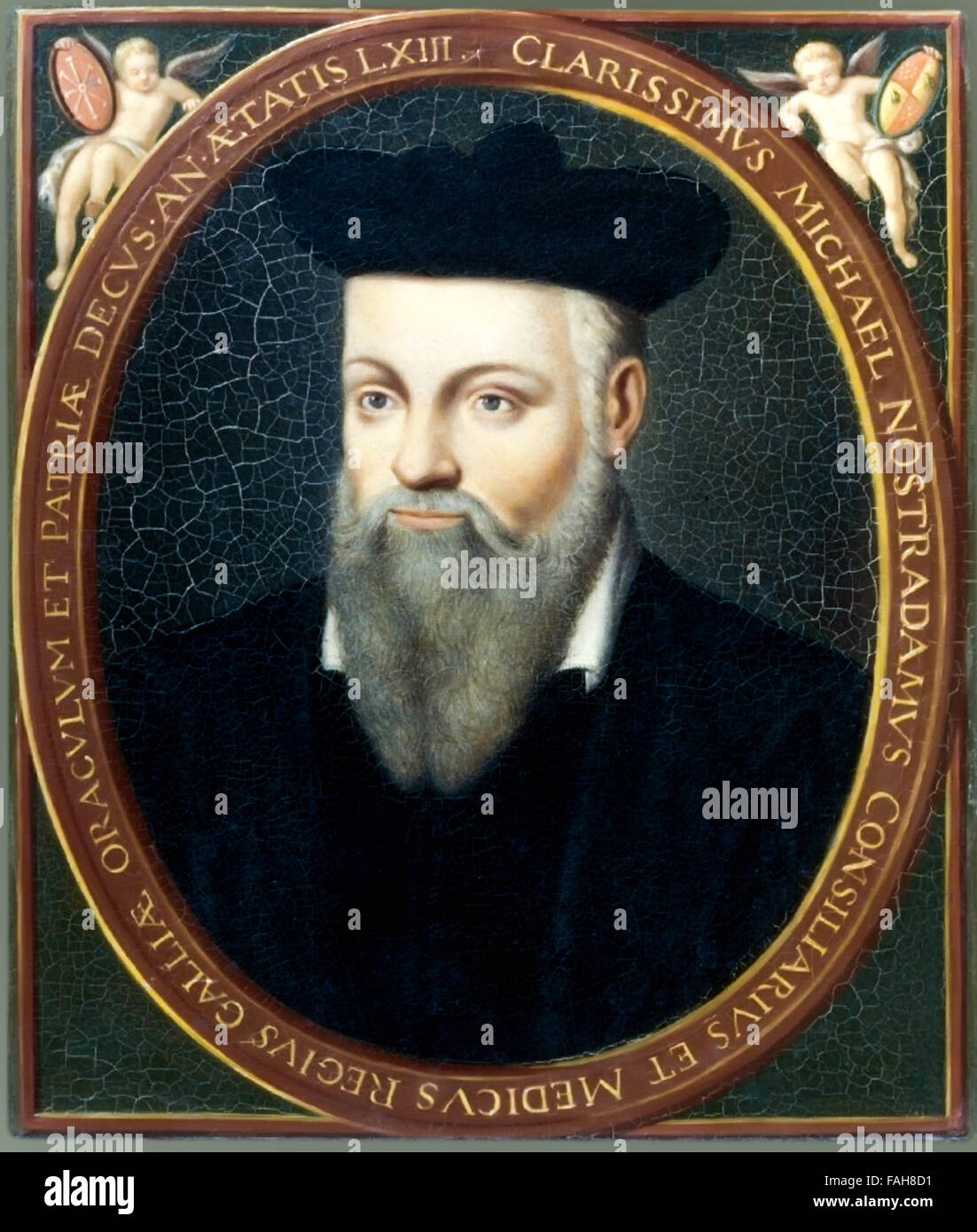 Nostradamus (1503-1566), oil painting portrait based on one painted by his son César de Nostredame (1553-1630) completed circa 1610, artist unknown. Stock Photo