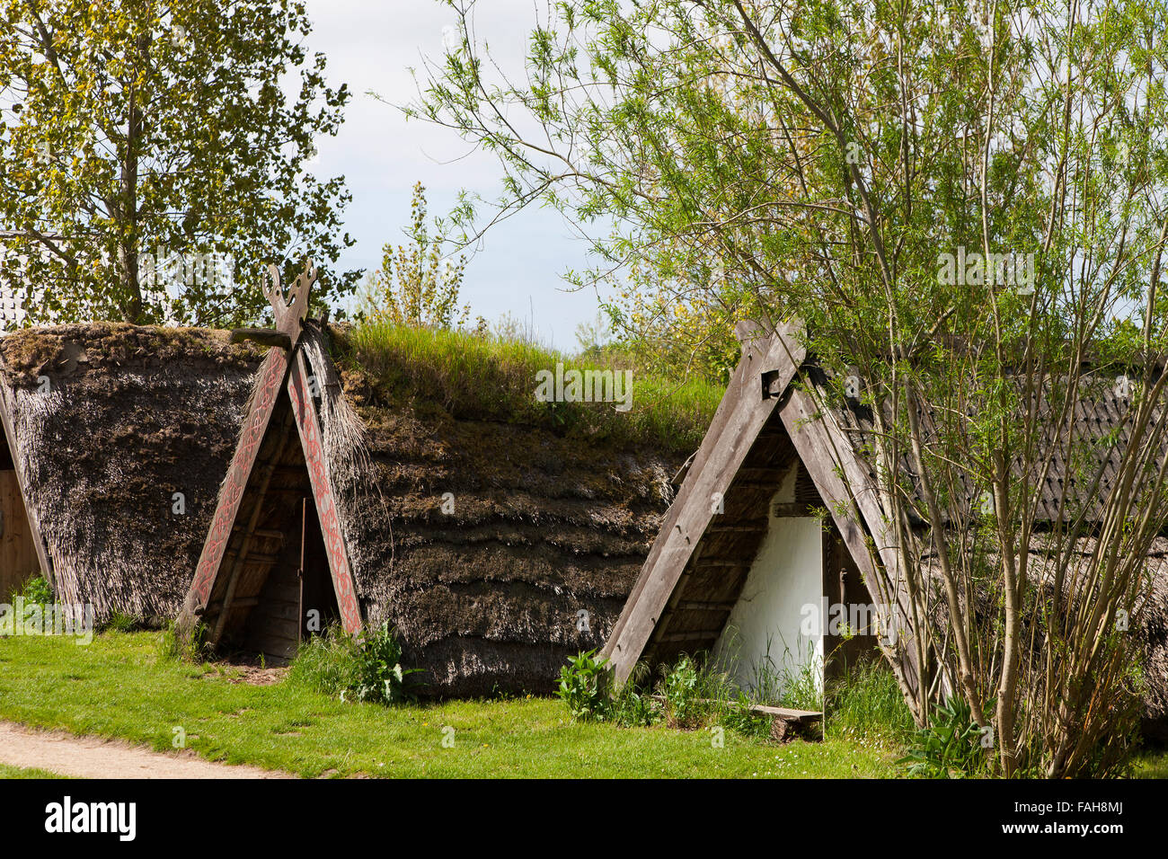 Reconstructed houses at the openair Viking museum at Trelleborg, Slagelse, Zealand, Denmark Stock Photo