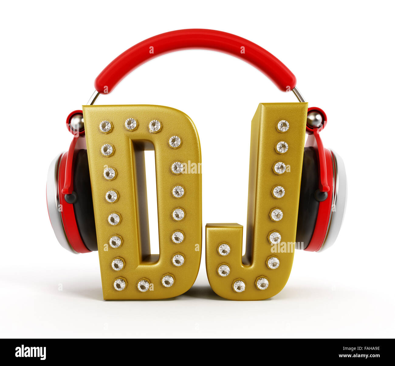 Red headphones on gold DJ word isolated on white background. Stock Photo