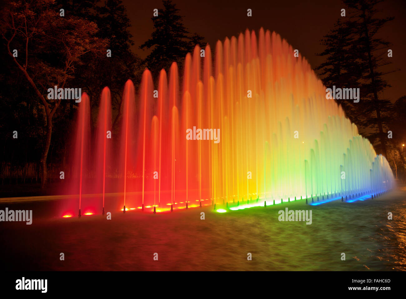 Beautiful colorful fountain at night in Park of the Reserve, Lima, Peru Stock Photo