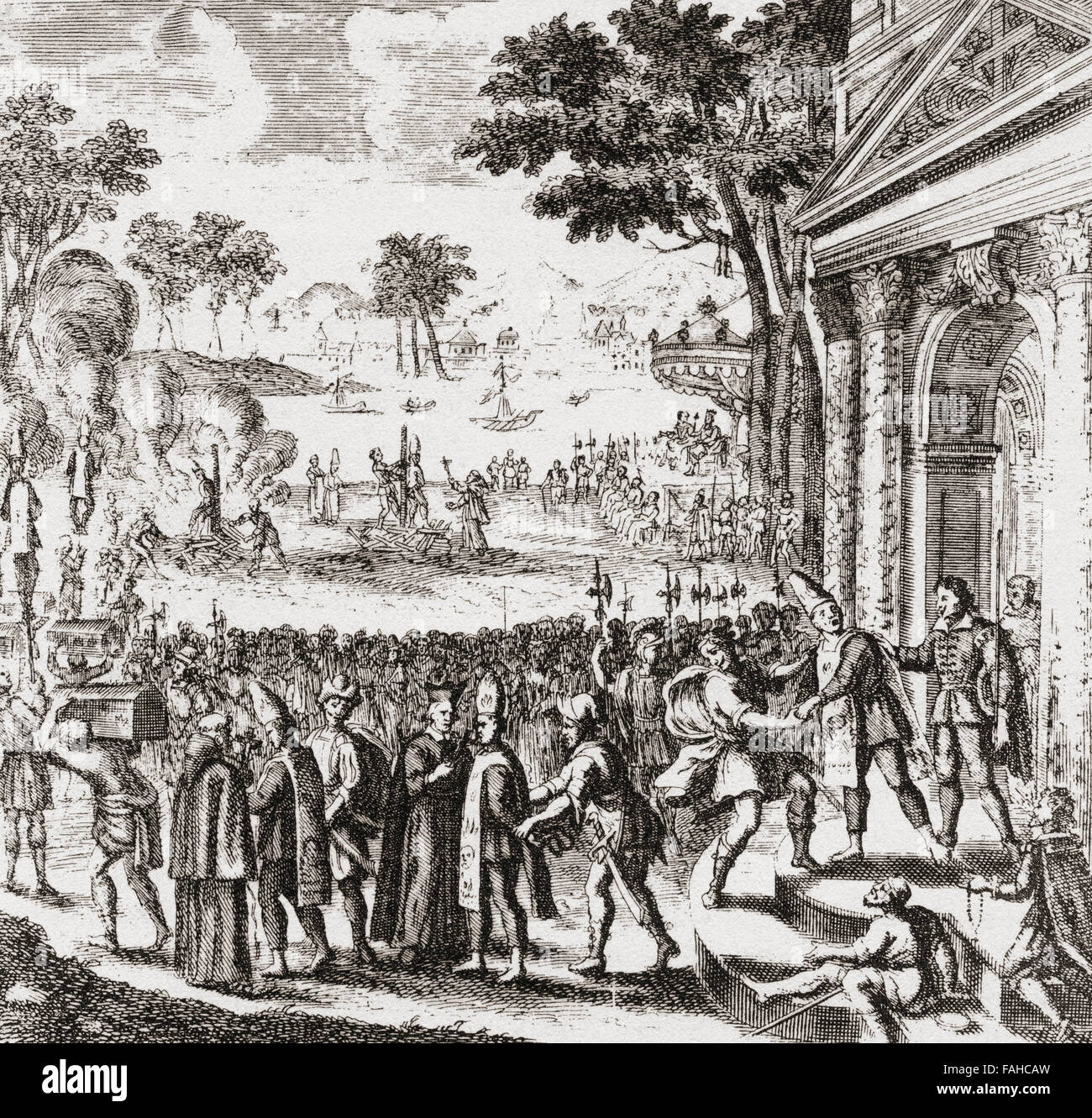 A scene from the Portuguese Inquisition at Goa in the 17th century.  After the engraving from Dellon's Relations de l'Inquisition de Goa,1688. Stock Photo