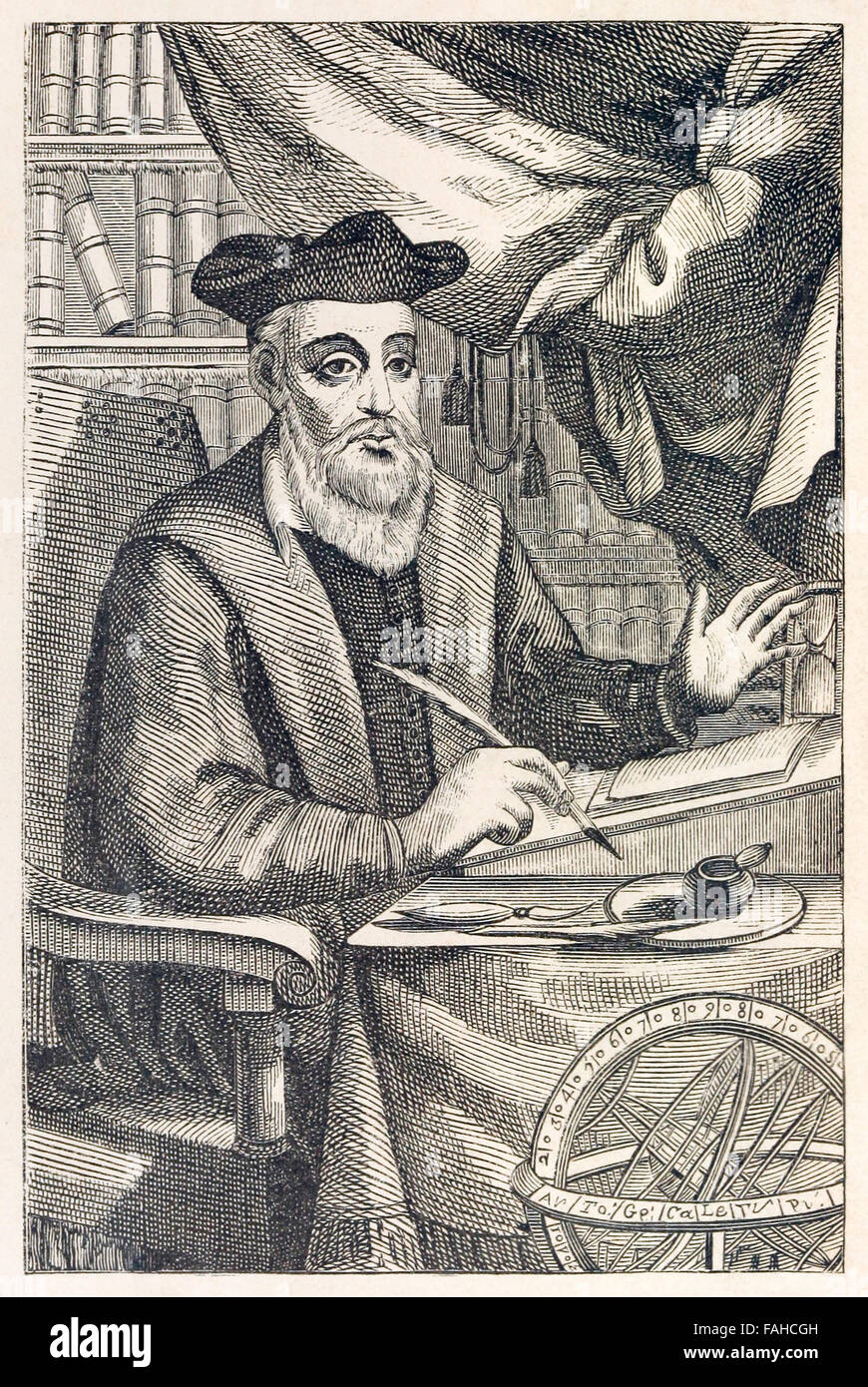 Nostradamus (1503-1566) writing his prophecies, frontispiece from a 1611 edition of 'Les Propheties de M. Michel Nostradamvs'. See description for more information. Stock Photo