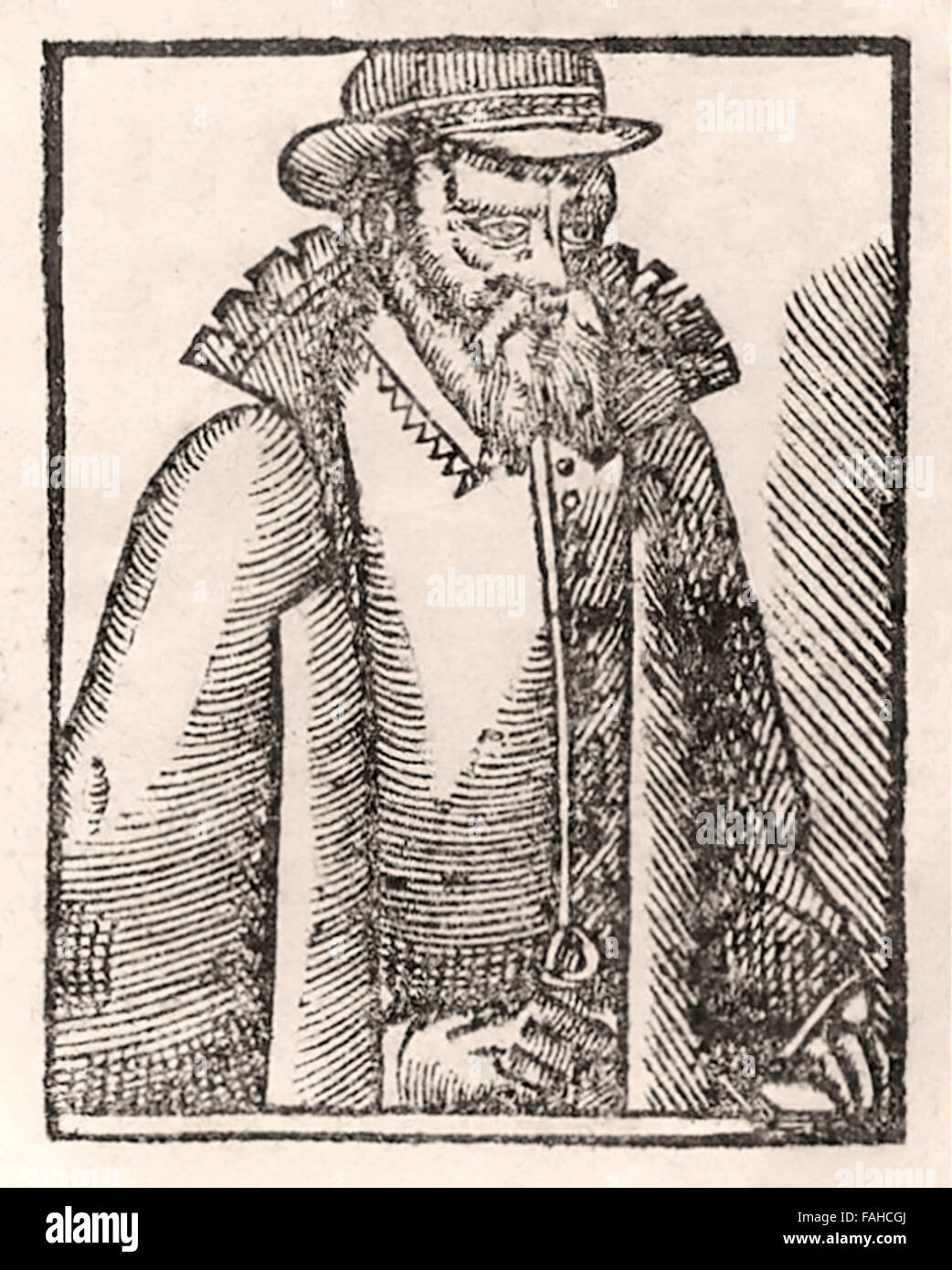 Woodcut portrait of Nostradamus (1503-1566) from title page of 1568 edition of 'Les Propheties de M. Michel Nostradamvs' first published in 1555. Stock Photo