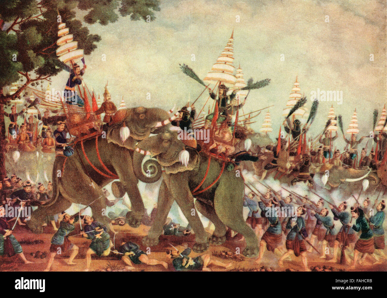 War elephants fighting during the  Burmese–Siamese War, 1568–1570. Stock Photo