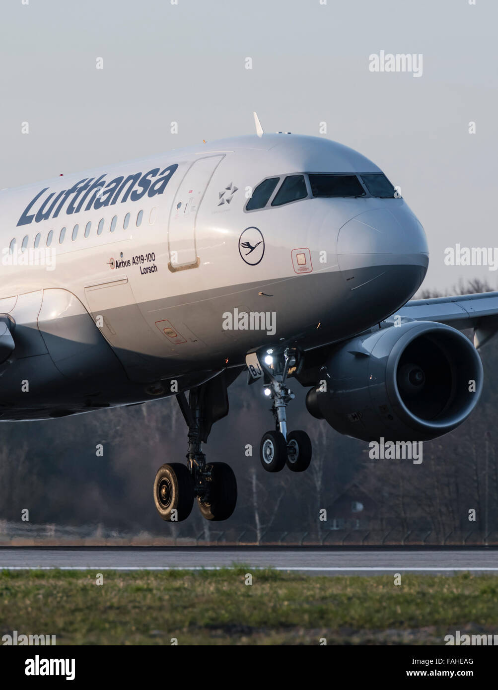 Airbus A319-100 passenger aircraft of German Lufthansa before touchdown on Zurich International airport. Stock Photo
