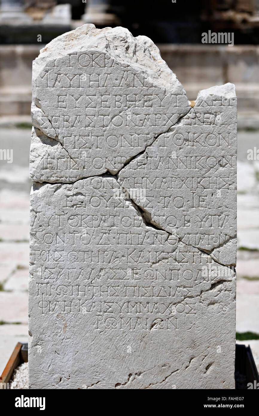 Ancient script on marble tablet in Sagalassos in Isparta, Turkey. Stock Photo