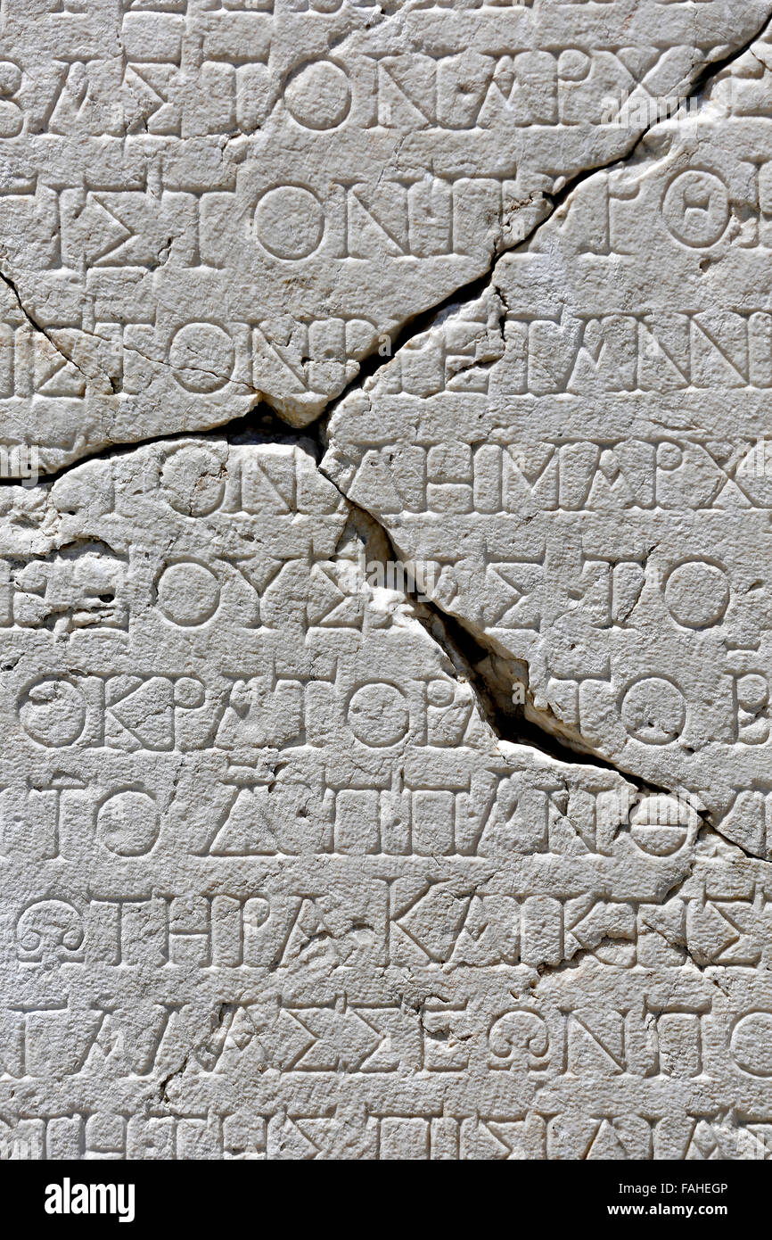 Ancient script on marble tablet in Sagalassos in Isparta, Turkey. Stock Photo