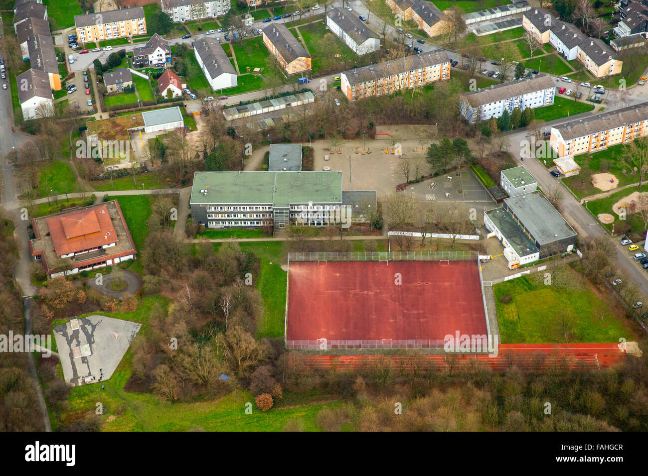 Aerial view, refugee shelters, refugee crisis, the sports hall Lehner road is refugee accommodation Saarner Kuppe, Mülheim Stock Photo