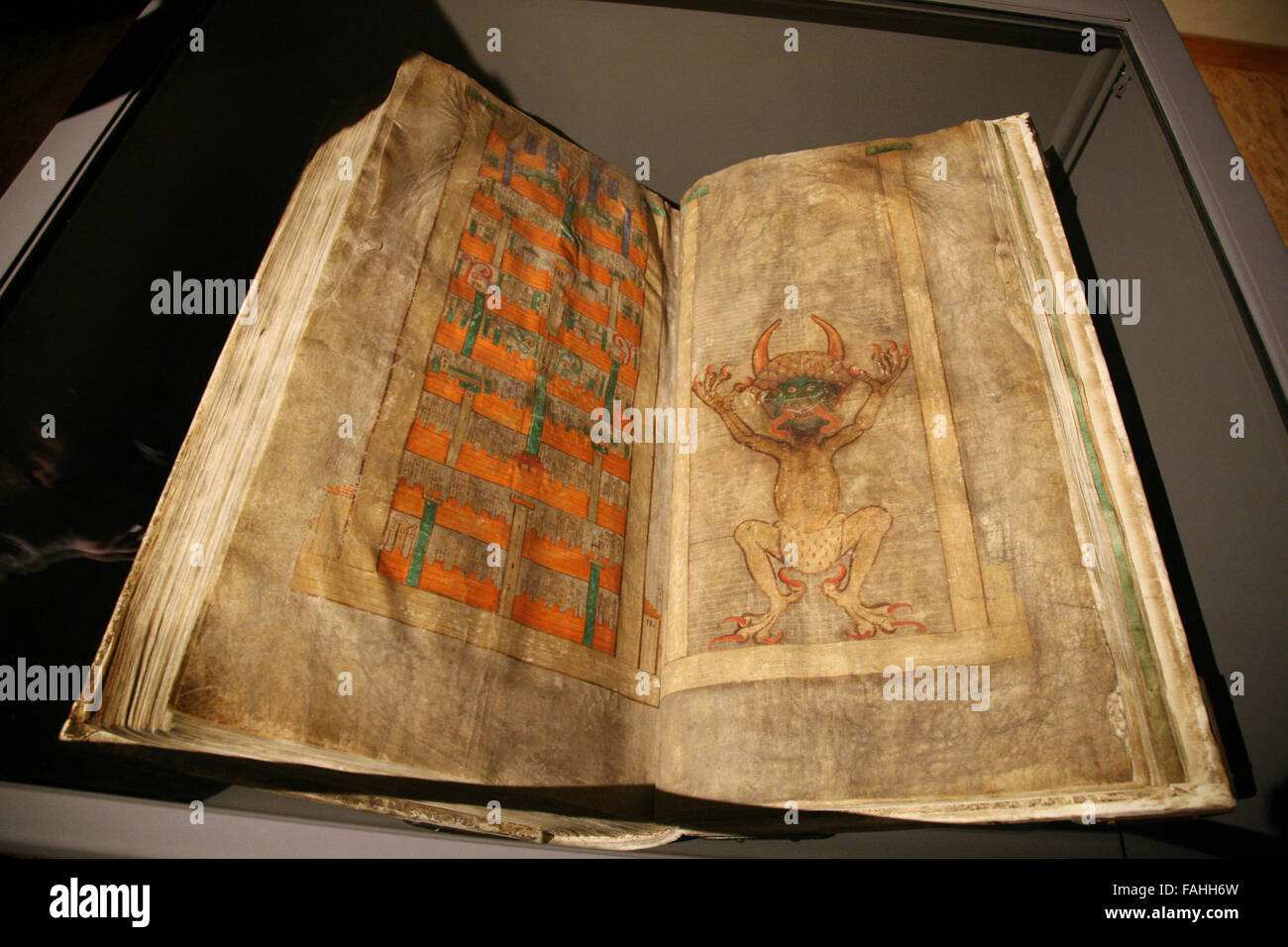 The largest medieval manuscript in the world known as the Codex Gigas or also as the Devil's Bible displayed at the exhibition 'The Codex Gigas: the mystery of the largest book in the world' in the Czech National Library in Prague, Czech Republic, on September 19, 2007. The Codex Gigas was created in the early 12th century in the Benedictine monastery of Podlazice in Bohemia, now in the Czech Republic. It is known as the Devil's Bible because of a large illustration of the devil on the inside. At the end of the Thirty Years War in 1648 the manuscript was taken as war booty by the Swedish army. Stock Photo