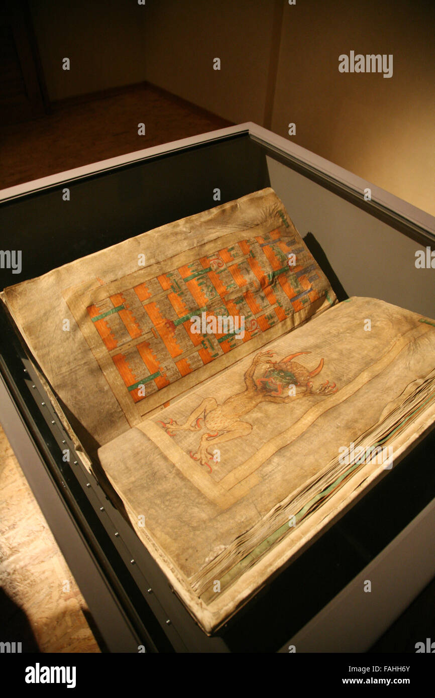 The largest medieval manuscript in the world known as the Codex Gigas or also as the Devil's Bible displayed at the exhibition 'The Codex Gigas: the mystery of the largest book in the world' in the Czech National Library in Prague, Czech Republic, on September 19, 2007. The Codex Gigas was created in the early 12th century in the Benedictine monastery of Podlazice in Bohemia, now in the Czech Republic. It is known as the Devil's Bible because of a large illustration of the devil on the inside. At the end of the Thirty Years War in 1648 the manuscript was taken as war booty by the Swedish army. Stock Photo