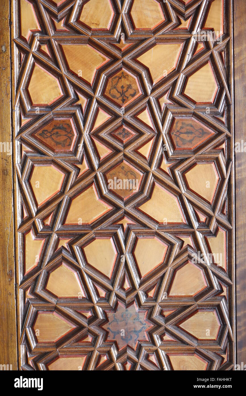 Macro view of woodwork shutter in Rustem Pasa Mosque, Istanbul, Turkey Stock Photo