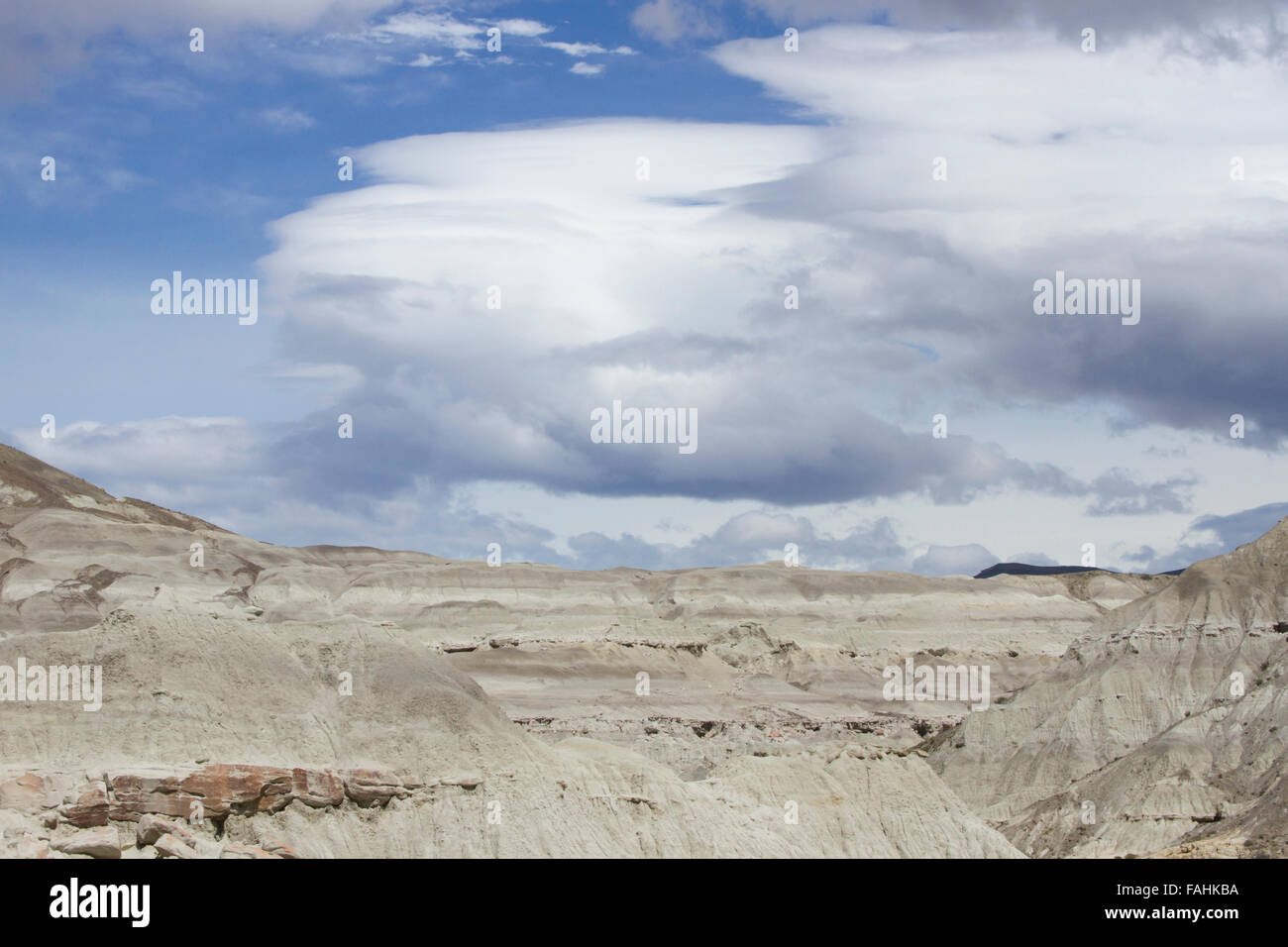 Linticular cloud formations over Patagonia landscape, Argentina. Stock Photo