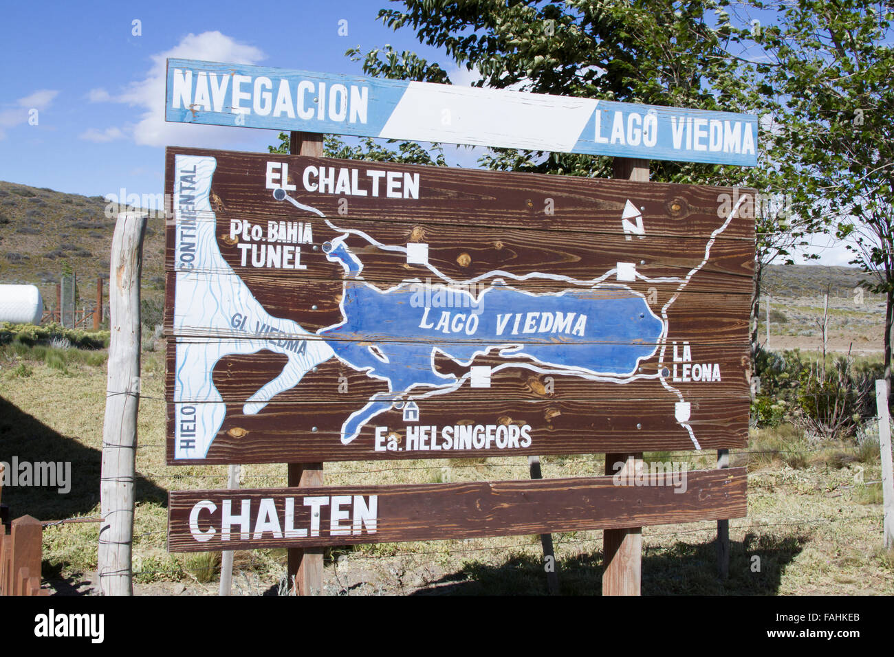 Wooden map showing the Viedma Lake district of Patagonia in Argentina. Stock Photo