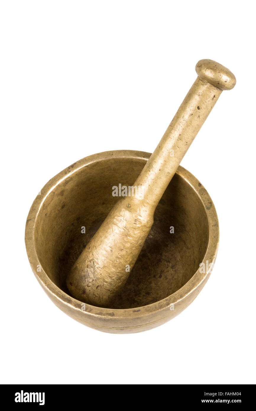 Mortar and pestle isolated on white background Stock Photo