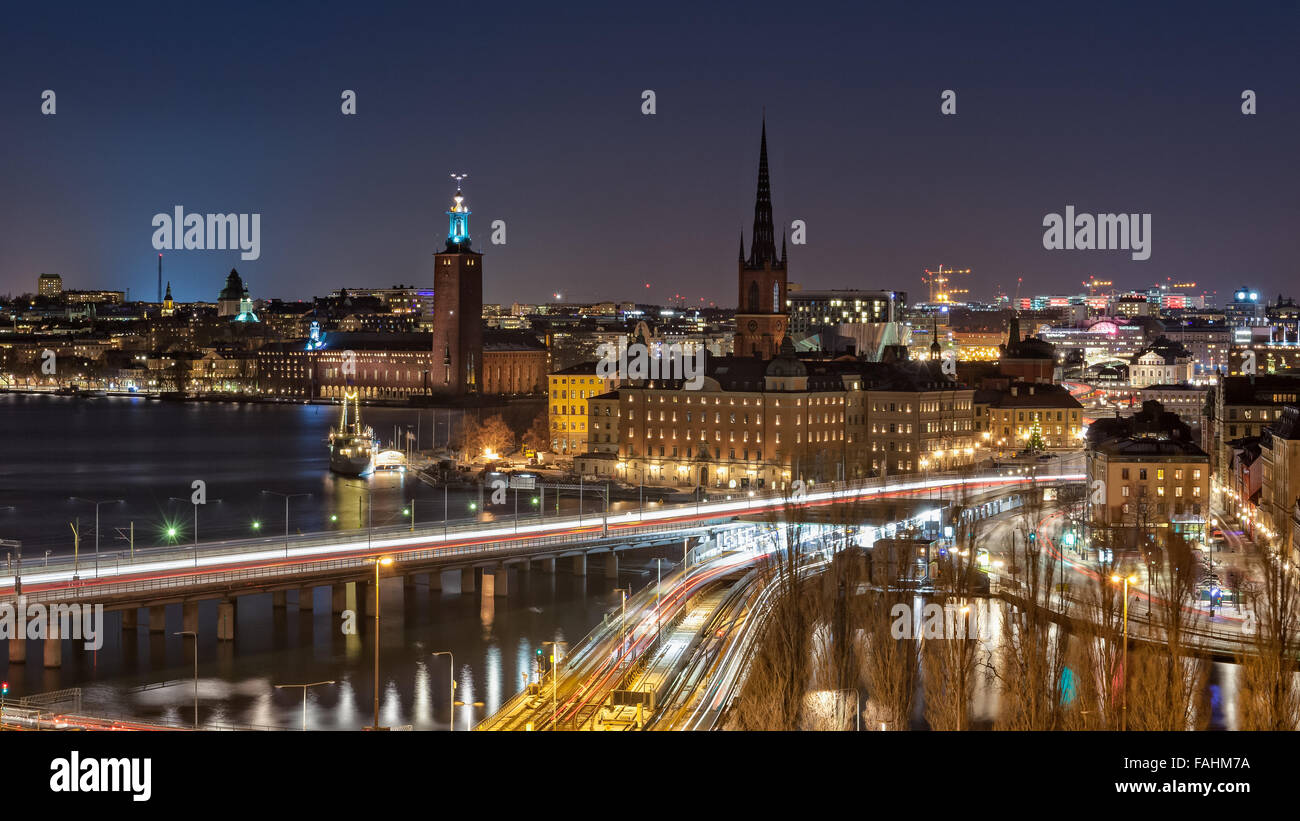 Beautiful nightscape of Stockholm city center, the Venice of the North. Stock Photo