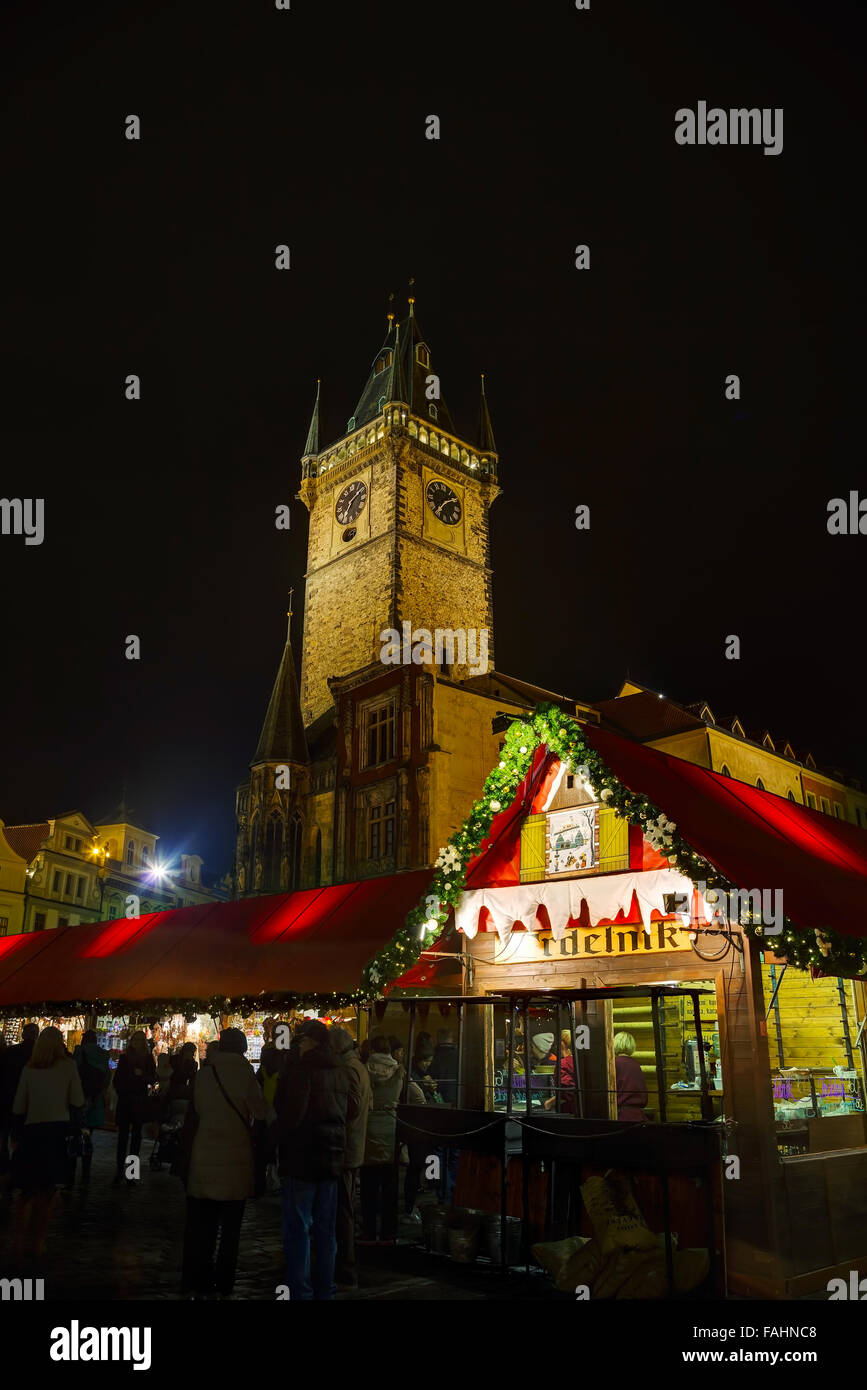 PRAGUE - DECEMBER 2: Decorated for Christmas Old Town Square on December 2, 2015 in Prague, Czech Republic. Stock Photo