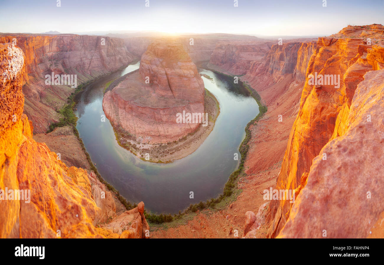 Panoramic overview of Horseshoe Bend near Page, Arizona at sunset Stock Photo