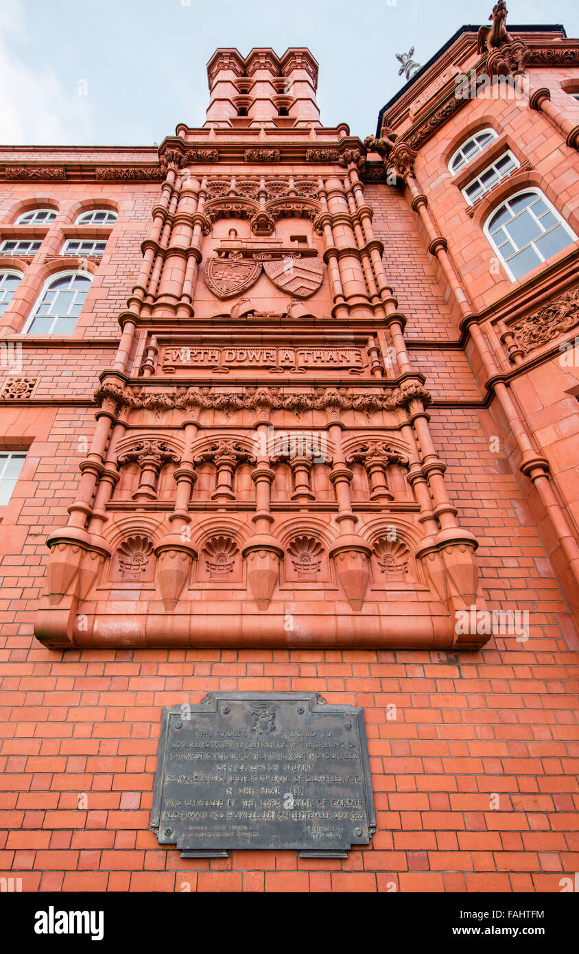 Ornate sculpted brickwork on the 1897 Pierhead Building at Cardiff Bay in South Wales UK Stock Photo