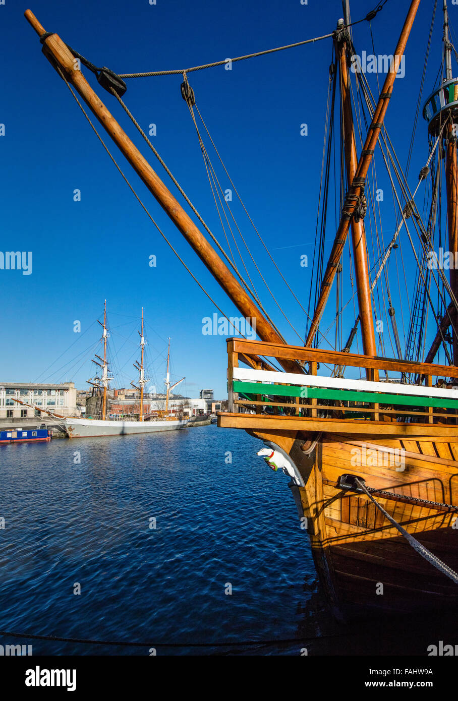 Wooden sailing ships the Matthew and the Kaskelot docked in Bristol's Floating Harbour UK Stock