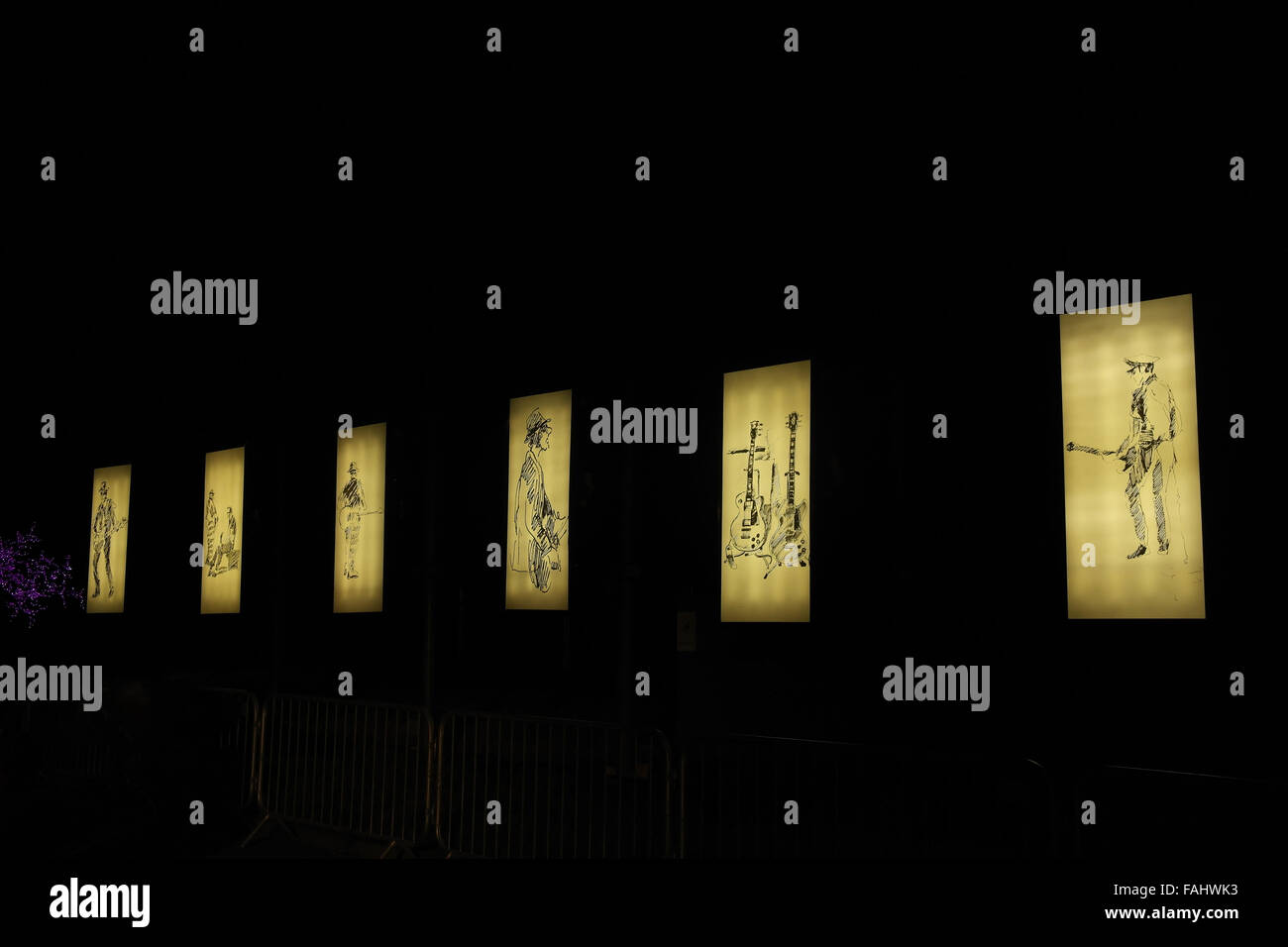 Night oblique view Ray Lowry's 'The Clash London Calling Album sleeve Tableau', Queen's Promenade, Blackpool Illuminations, 2013 Stock Photo