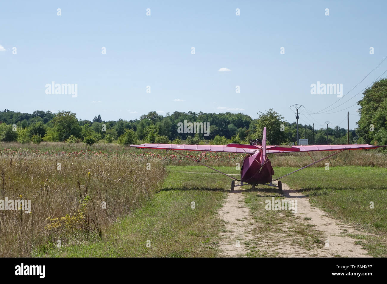ULM Microlite, purple Microlight plane taxiing for take off near Francueil, Loire Valley, France Stock Photo