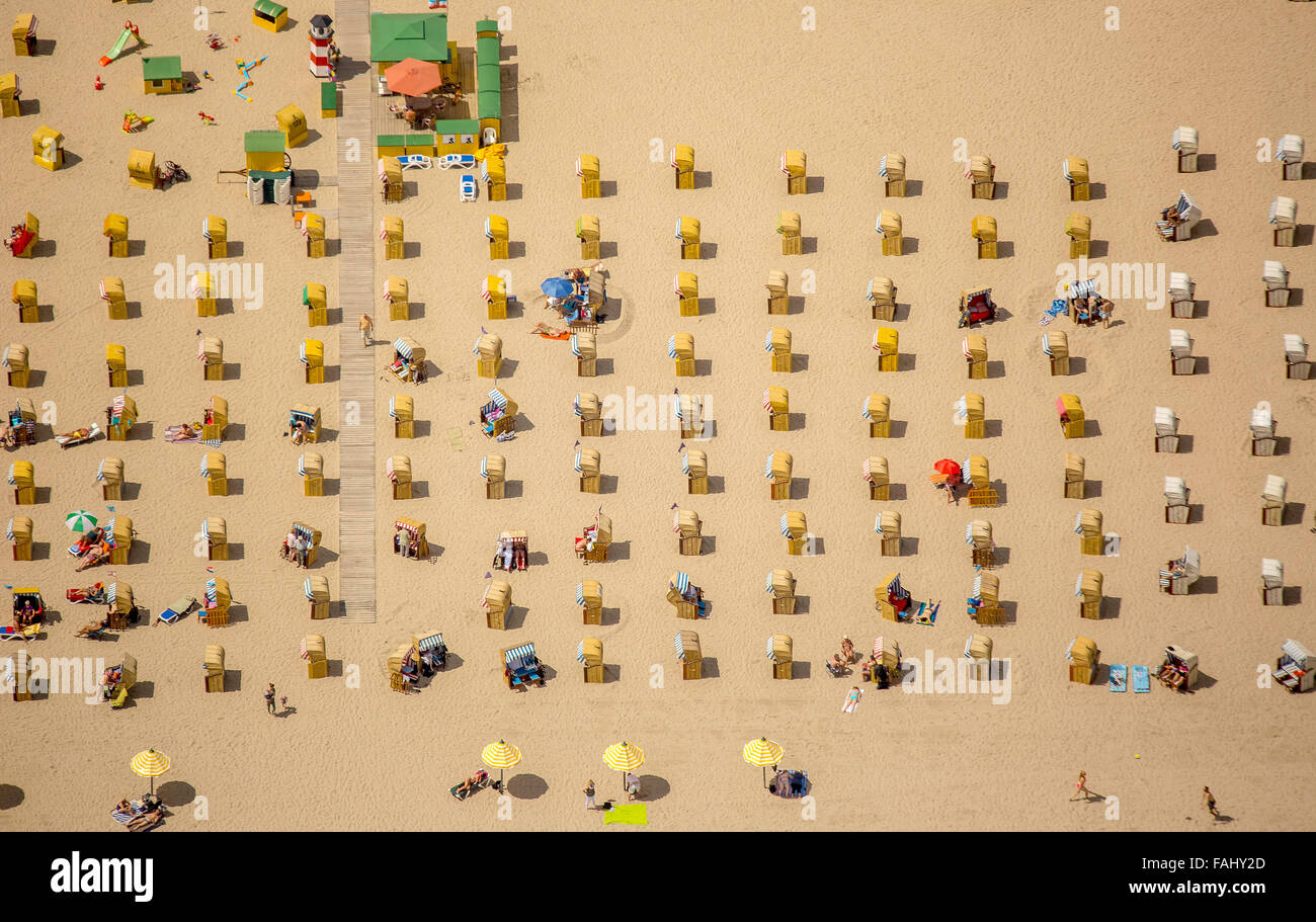 Aerial view, sandy beach of Travemünde on the Baltic Sea, the Baltic Sea beach, beach chairs, beach, Brodtener bank Stock Photo