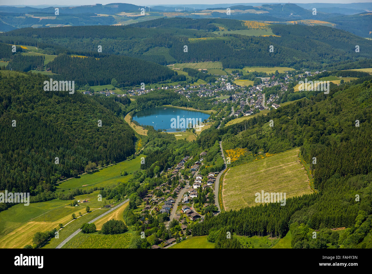 Aerial view, Rothaar Hills, heathland at Niedersfeld, Winterberg, Sauerland, North Rhine-Westphalia, Germany, Europe, Stock Photo