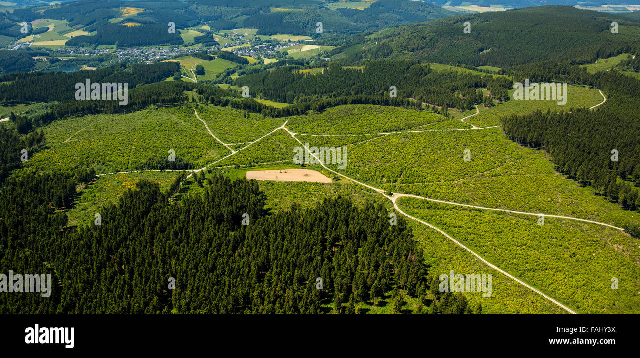 Aerial view, Rothaar Hills, heathland at Niedersfeld, Winterberg, Sauerland, North Rhine-Westphalia, Germany, Europe, Stock Photo